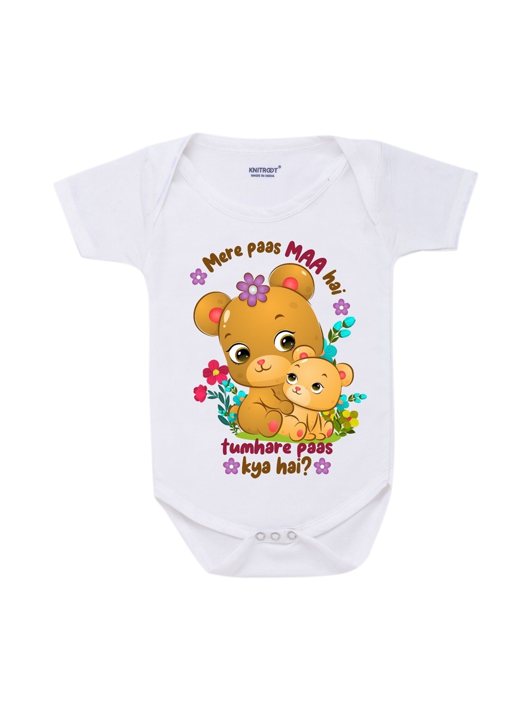 

KNITROOT Infants Kids White & Brown Printed Regular-Fit Cotton Bodysuit