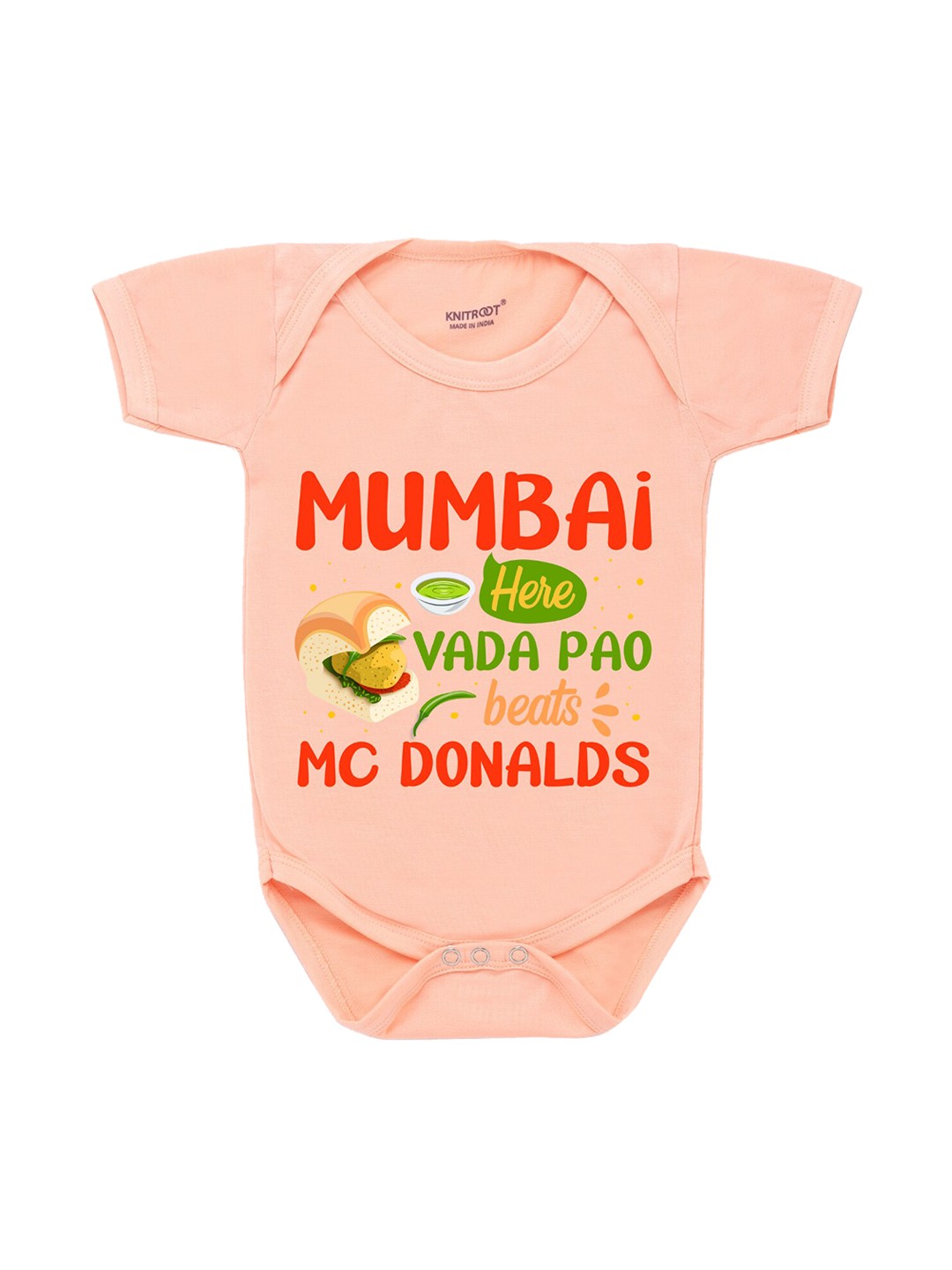 

KNITROOT Infants Kids Peach Colored Printed Cotton Bodysuit