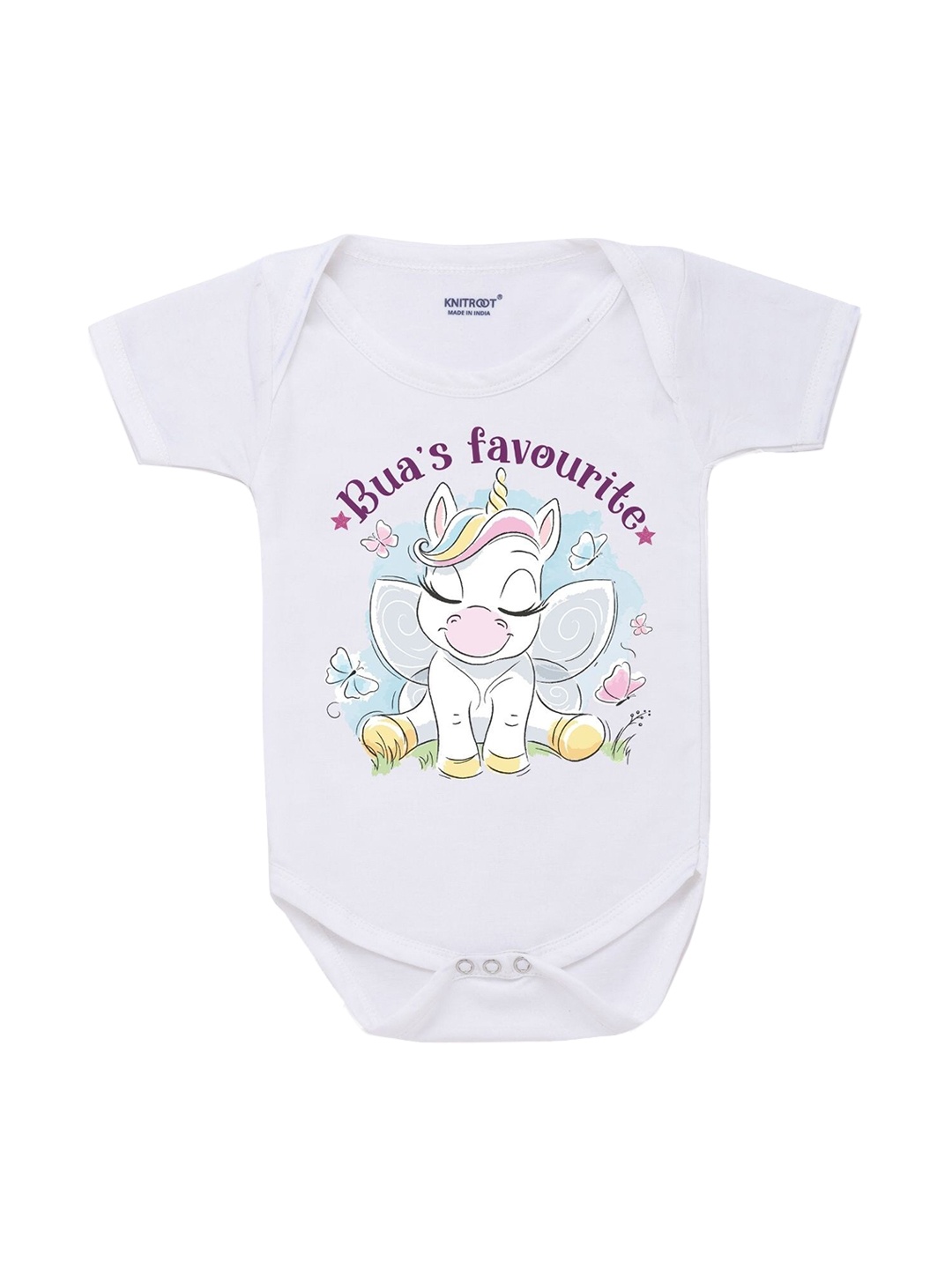 

KNITROOT Infant Kids White And Purple Printed Cotton Bodysuit