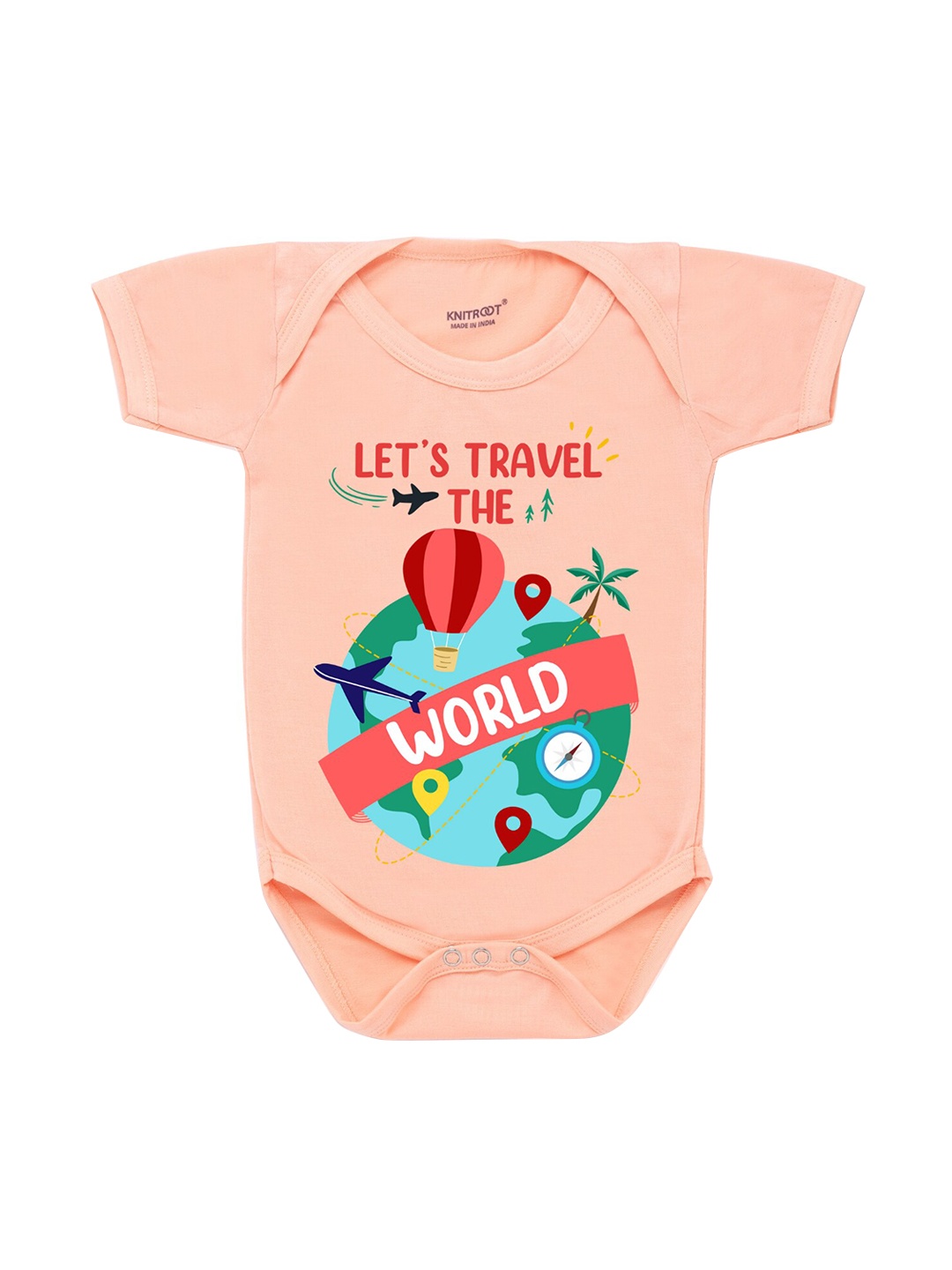 

KNITROOT Infant Kids Peach-Coloured & Blue Let's Travel Printed Cotton Boddysuit
