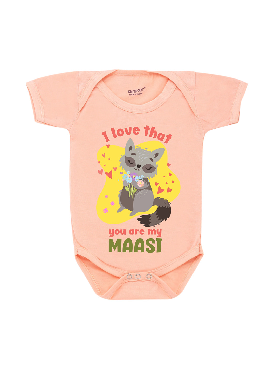 

KNITROOT Infant Kids Peach-Coloured & Yellow I Love That Printed Cotton Bodysuit