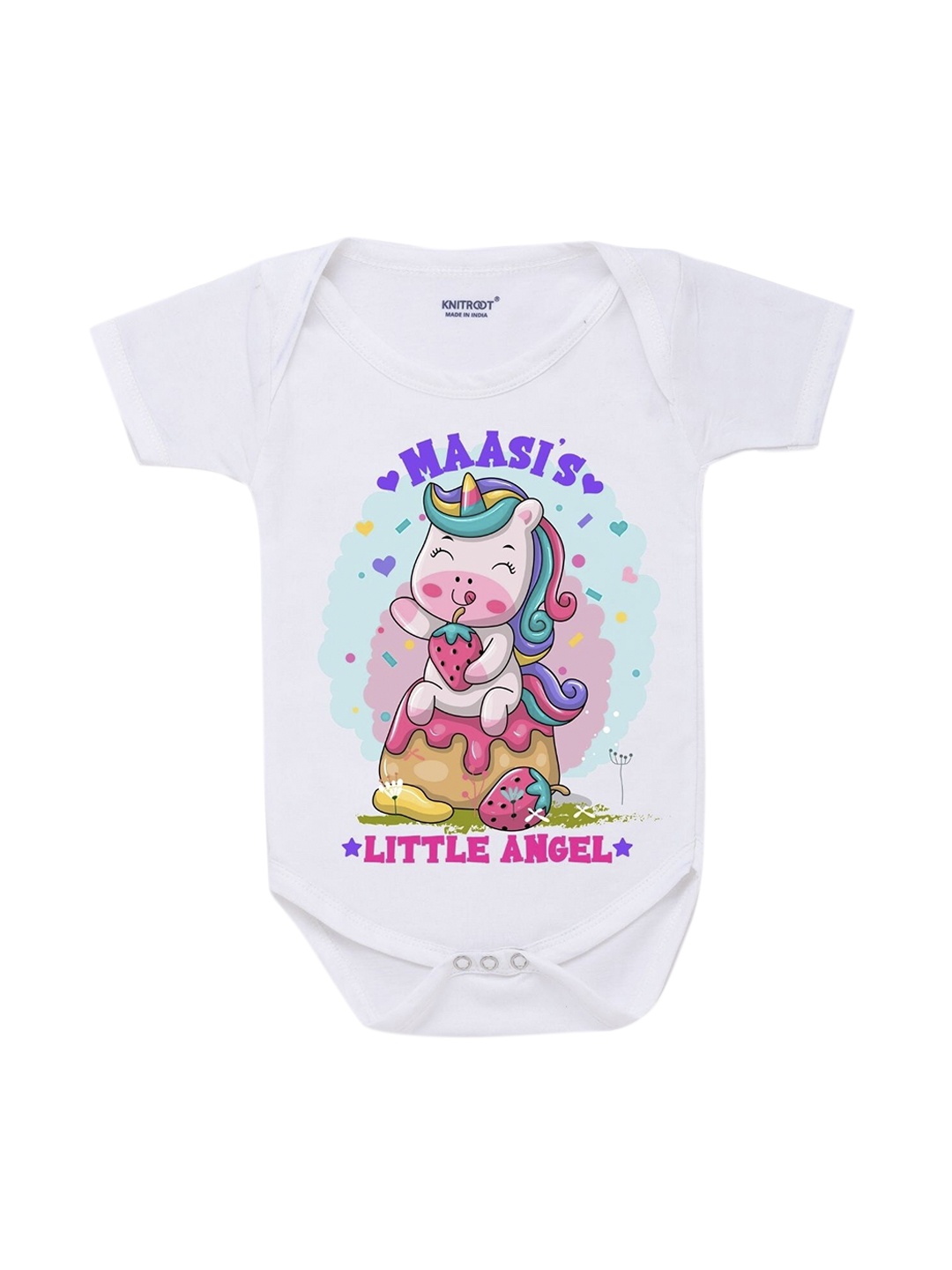 

KNITROOT Infant Kids White & Pink Maasi Little Angel Printed Cotton Bodysuit