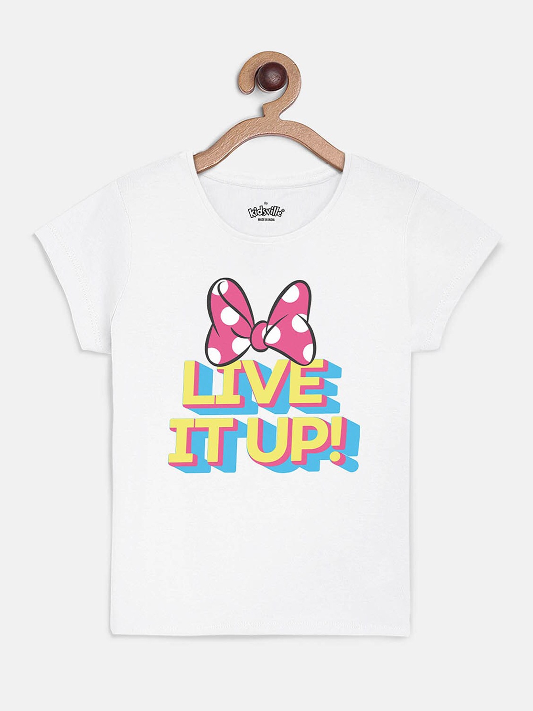 

Kids Ville Mickey & Friends Girls White & Yellow Typography Printed T-shirt
