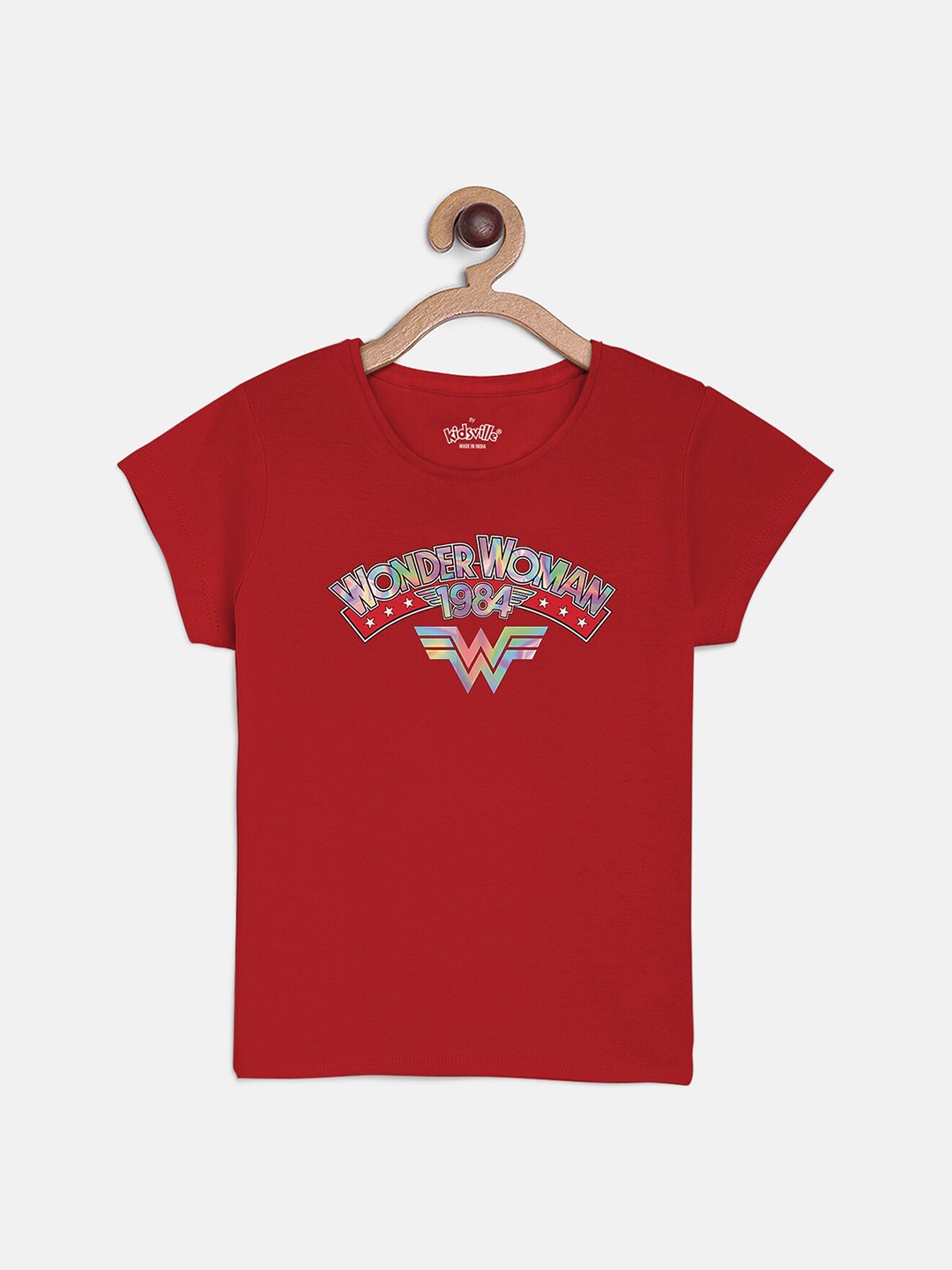 

Kids Ville Girls Red Wonder Woman Printed Red Round Neck Tshirt