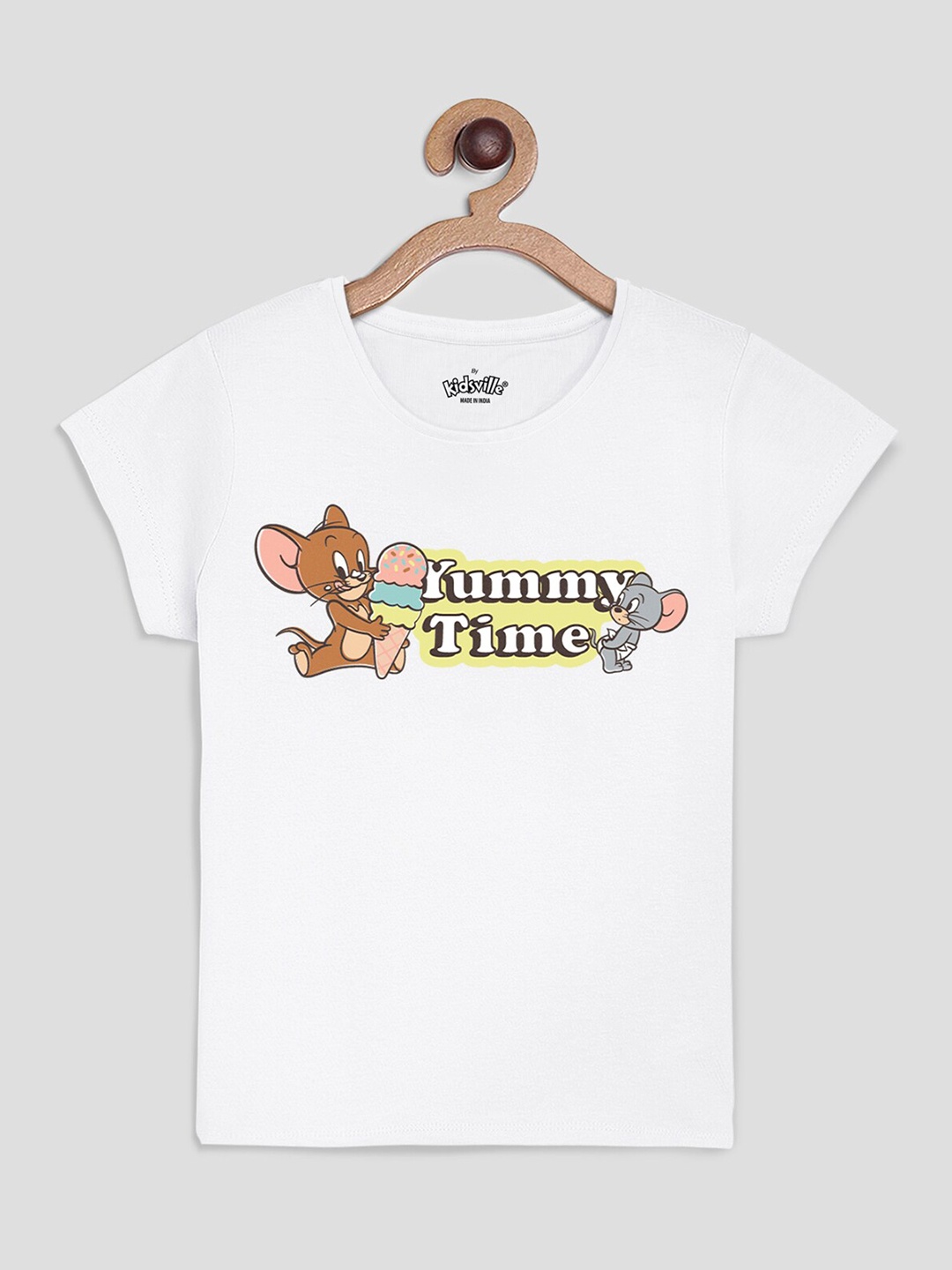 

Kids Ville Tom & Jerry Girls White & Yellow Printed Pure Cotton T-shirt