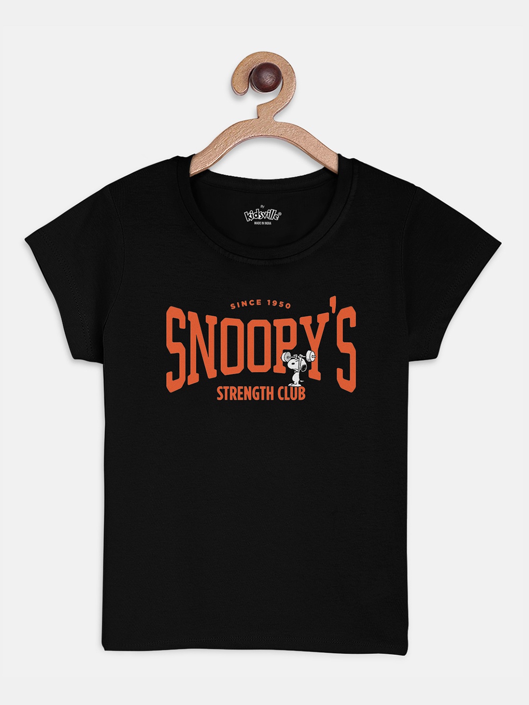 Kids Ville Girls Black & Orange Peanuts Printed Cotton T-shirt