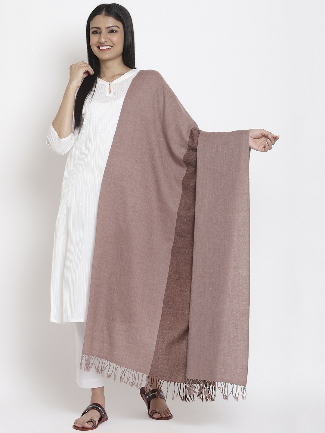 

Fabindia Women Taupe Colourblocked Woollen Shawl