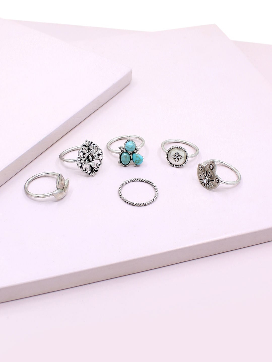 

Runway Ritual Set Of 6 Silver-Plated Finger Rings, Turquoise blue