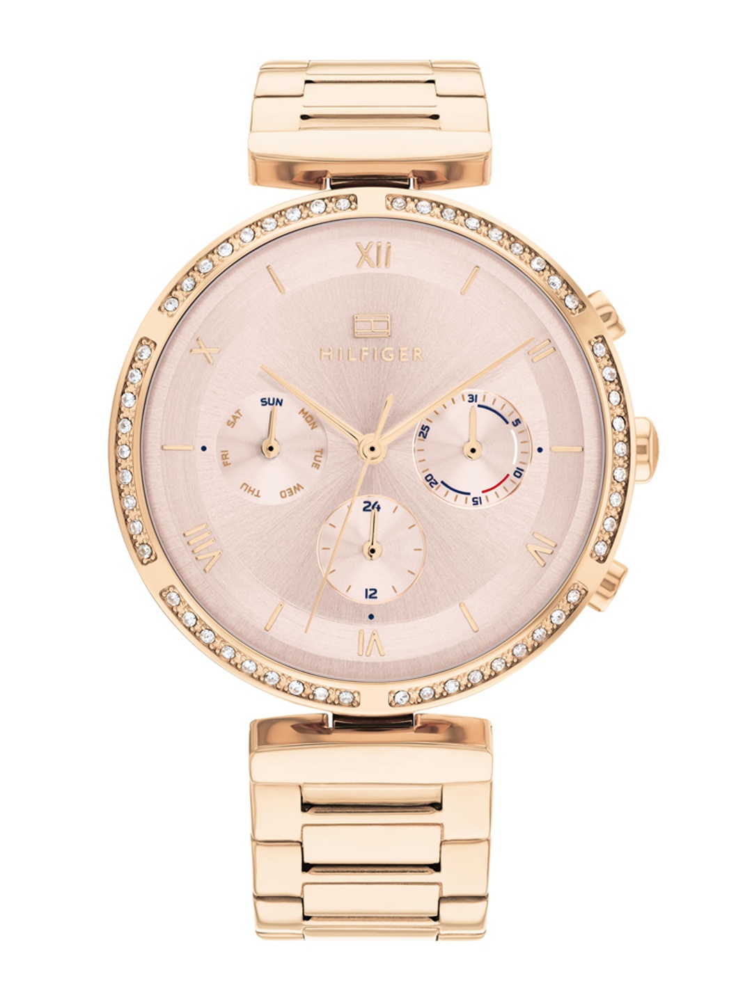 

Tommy Hilfiger Women Beige Embellished Dial & Gold Toned Stainless Steel Bracelet Style Straps Analogue Watch