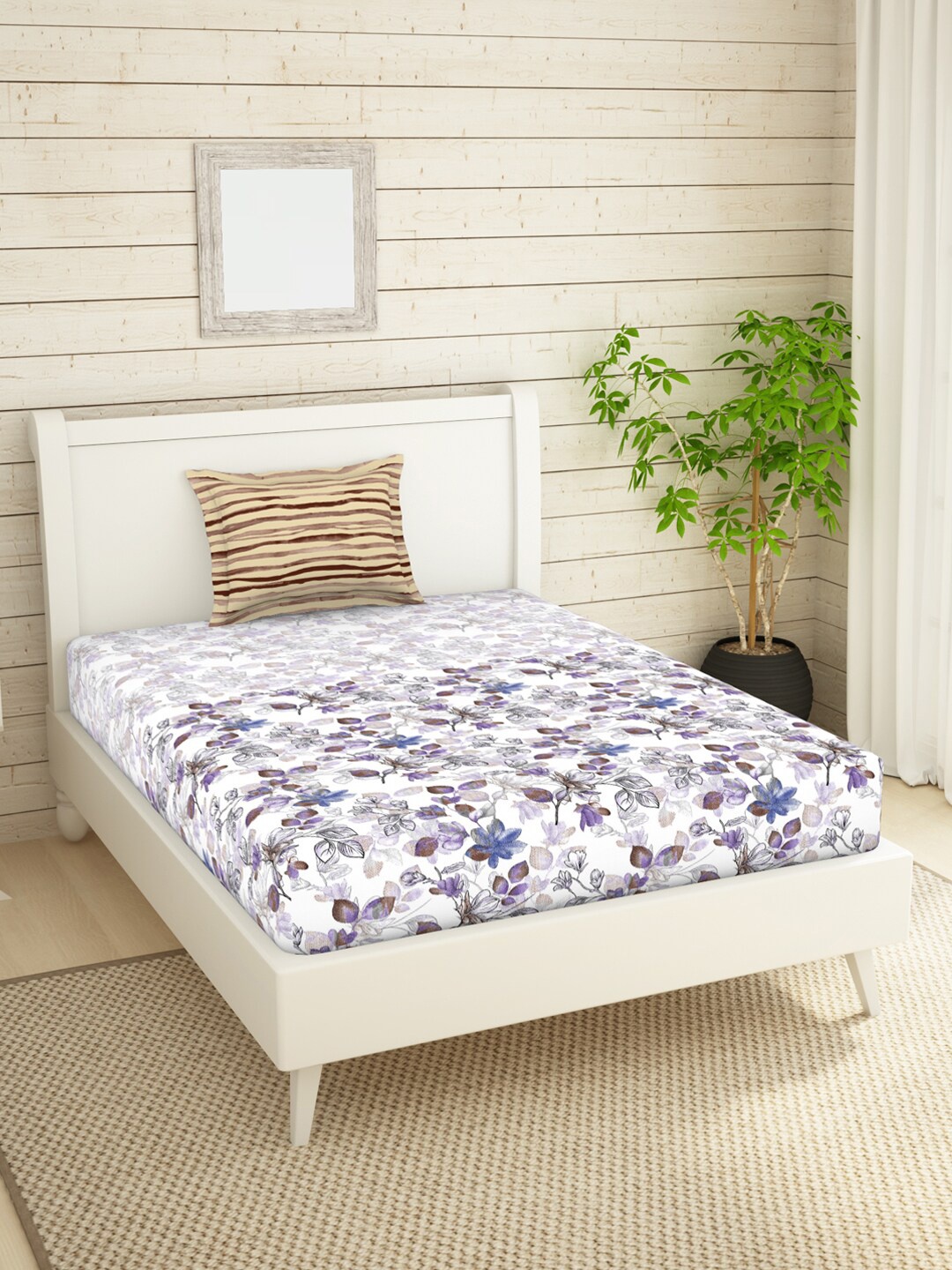 

SPACES White & Blue Floral 144 TC Single Cotton Bedsheet with 1 Pillow Covers