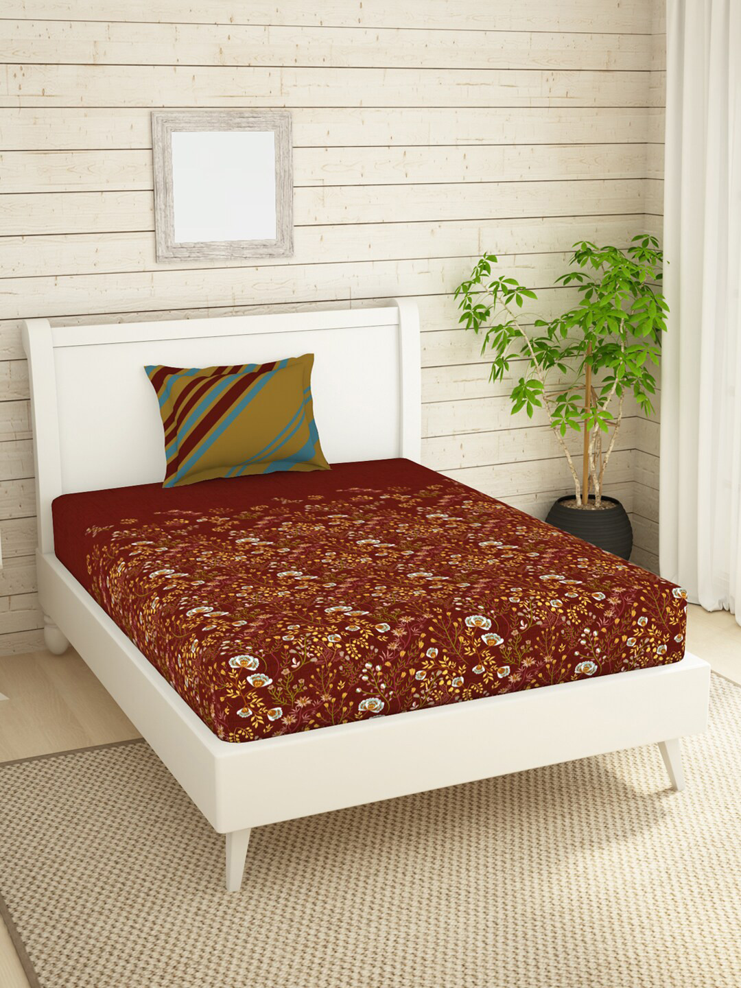 

SPACES Brown & Yellow Floral 144 TC Single Bedsheet with 2 Pillow Covers
