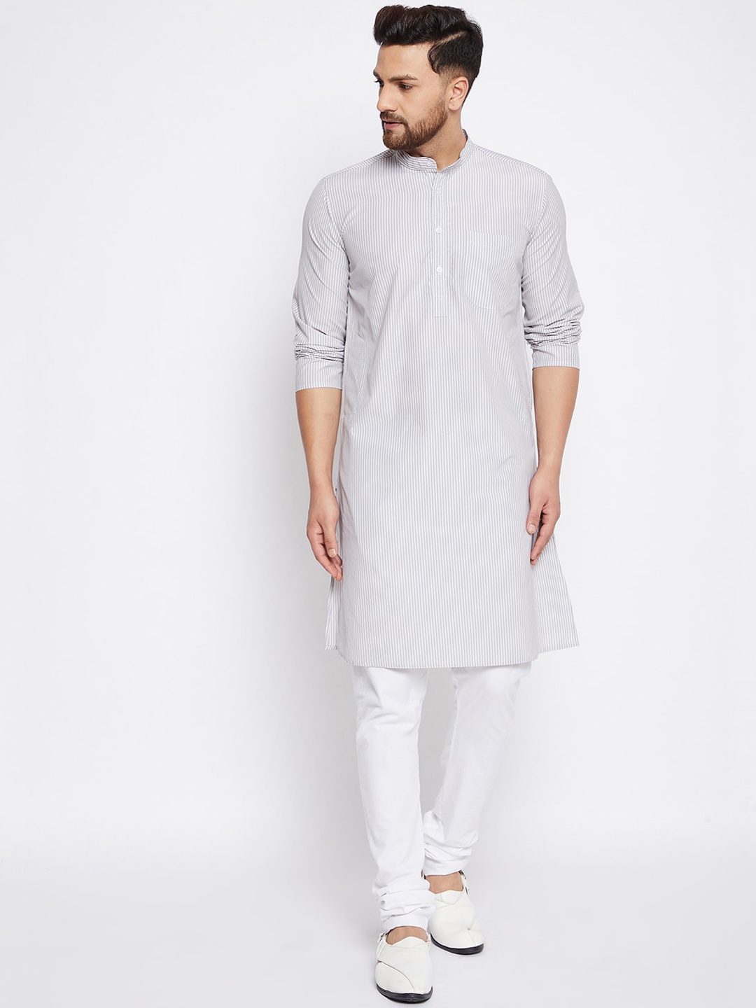 

even Men Grey Striped Pure Cotton Dobby Kurta