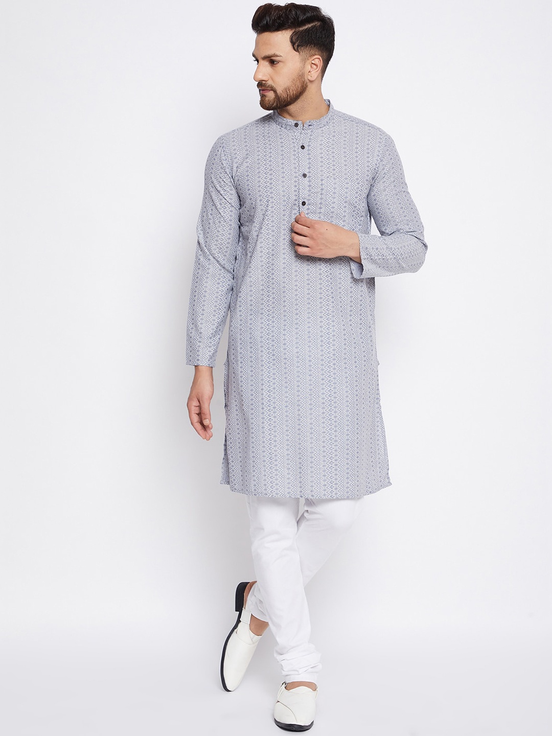 

even Men Grey Geometric Woven Design Dobby Pure Cotton Kurta