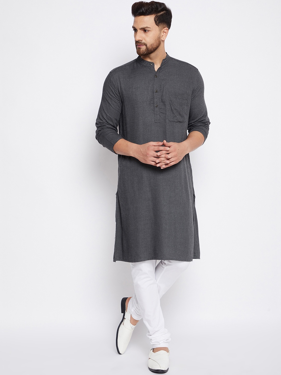 

even Men Grey Thread Work Dobby Kurta