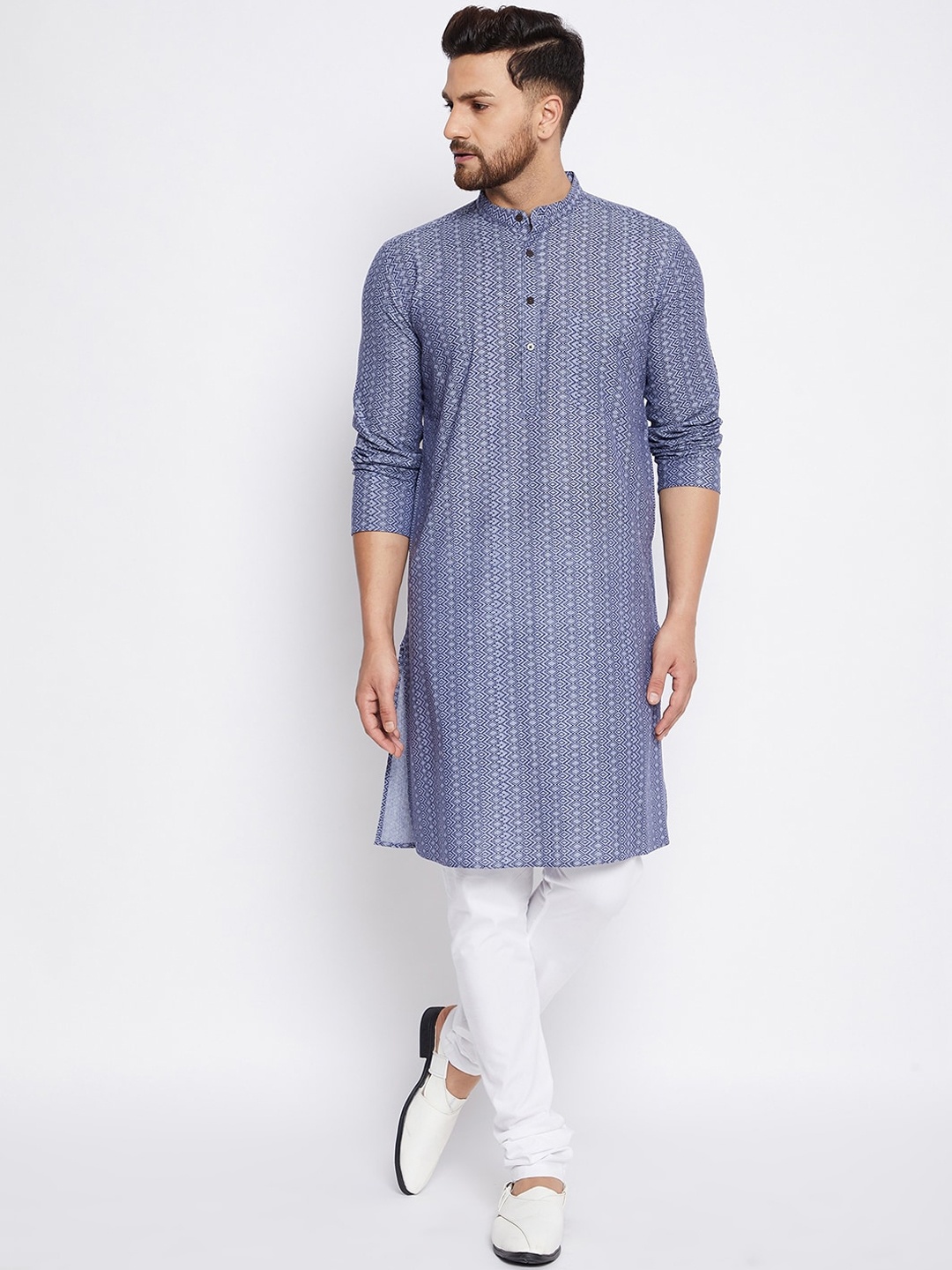 

even Men Blue Striped Thread Work Dobby Kurta