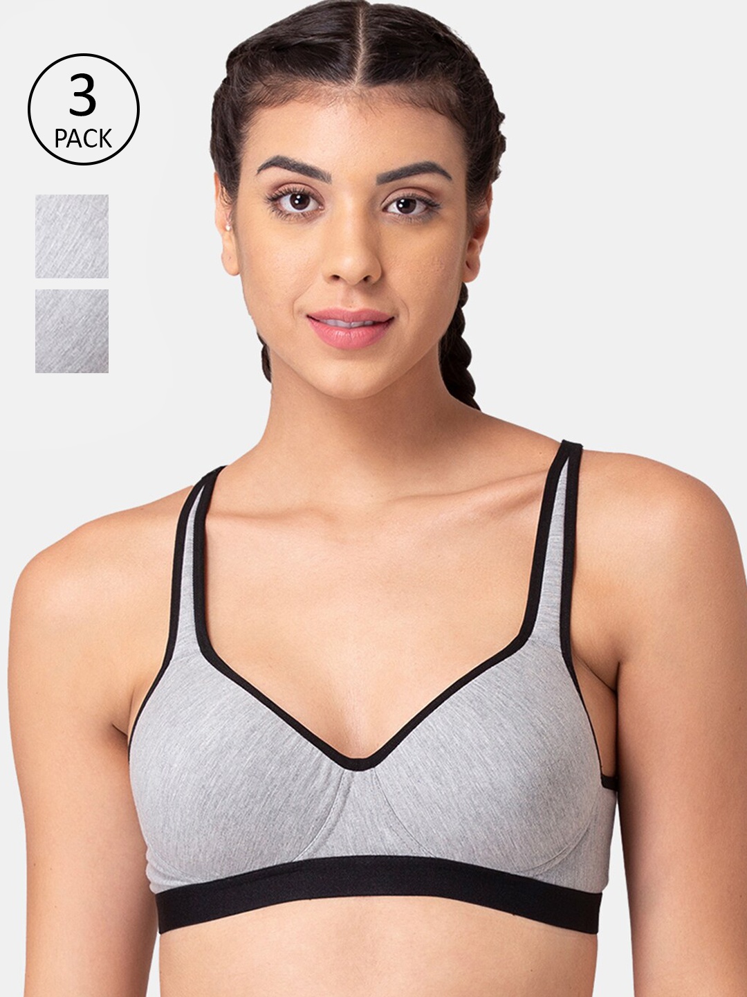 

Tweens Pack Of 3 Grey & Black Solid Workout Bras - Wireless Lightly Padded