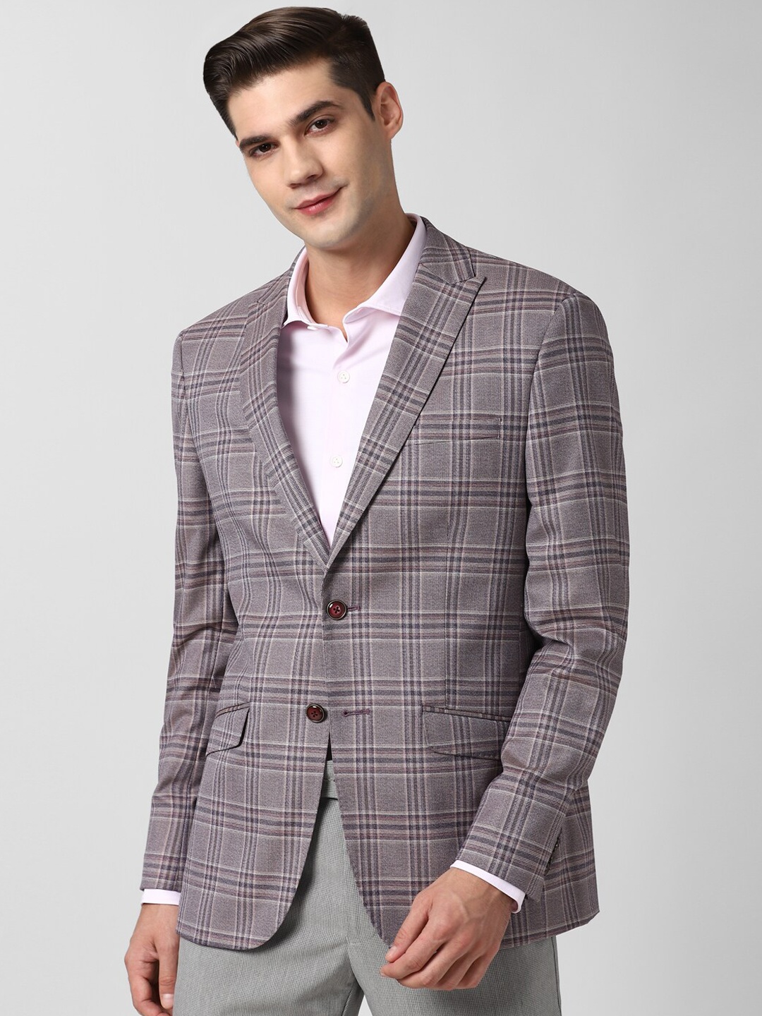 

Peter England Elite Men Grey & Black Checked Single-Breasted Slim-Fit Formal Blazer