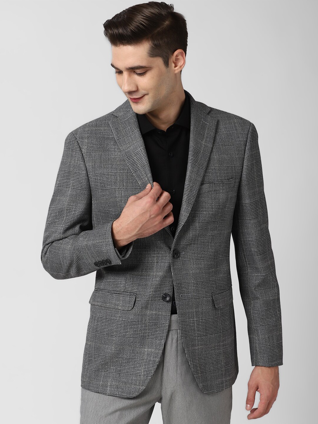 

Peter England Elite Men Grey Checked Slim-Fit Single-Breasted Blazer