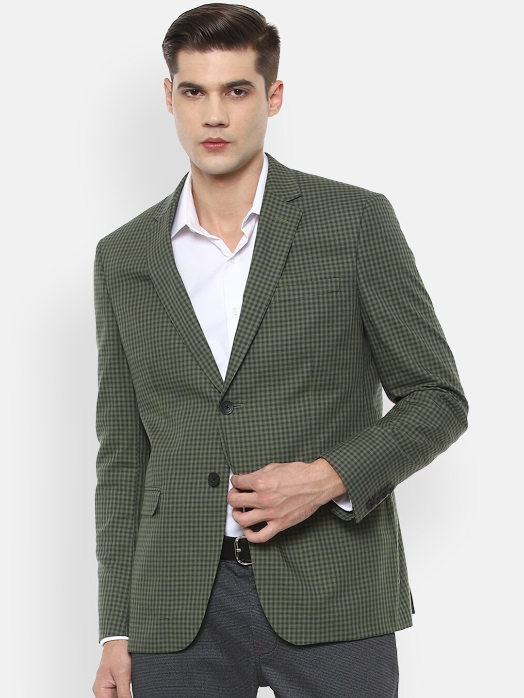 

Van Heusen Sport Men Olive-Green & Black Checked Single-Breasted Slim-Fit Blazer