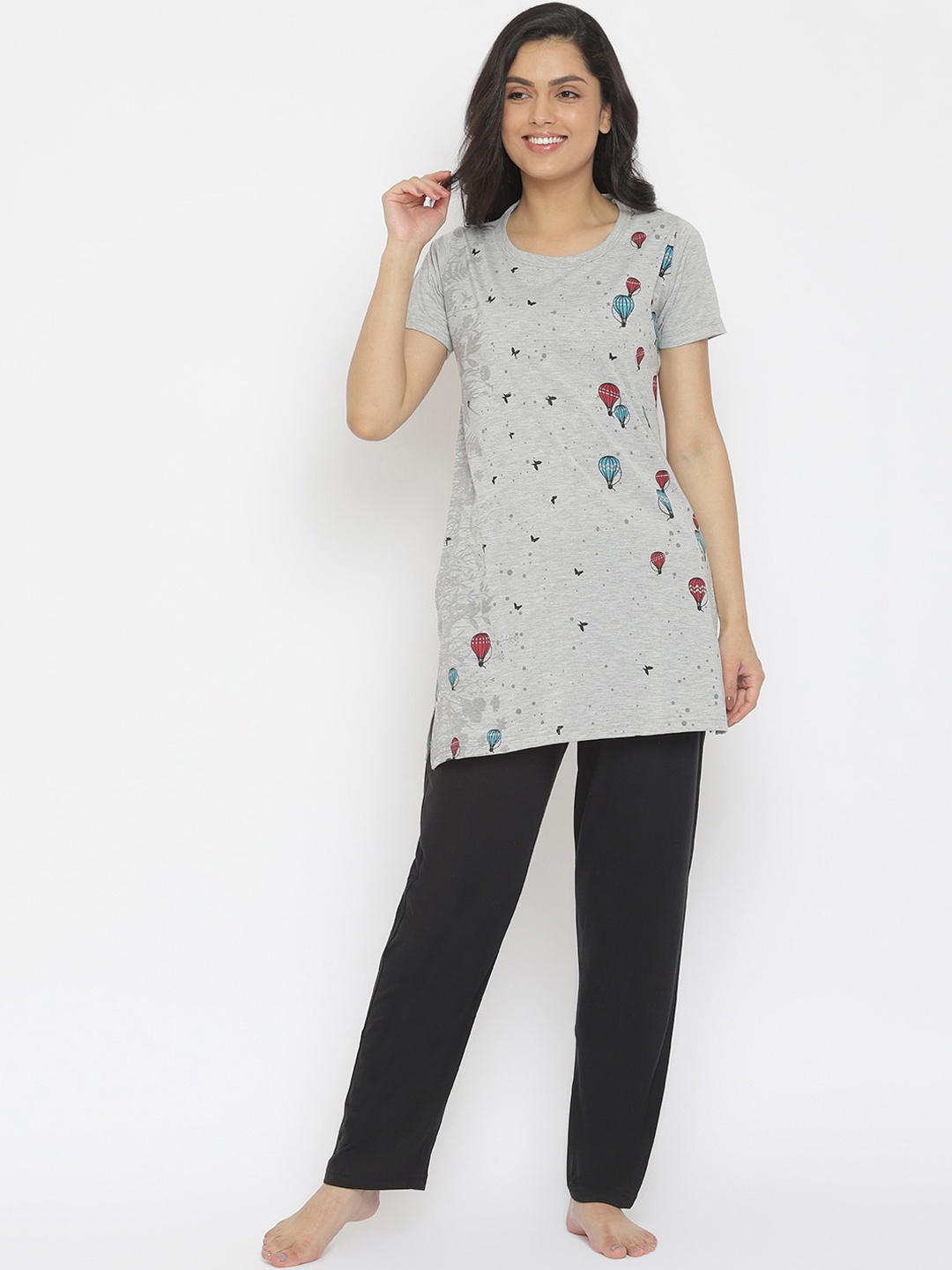 

Duchess Women Grey & Black Printed Nightsuit