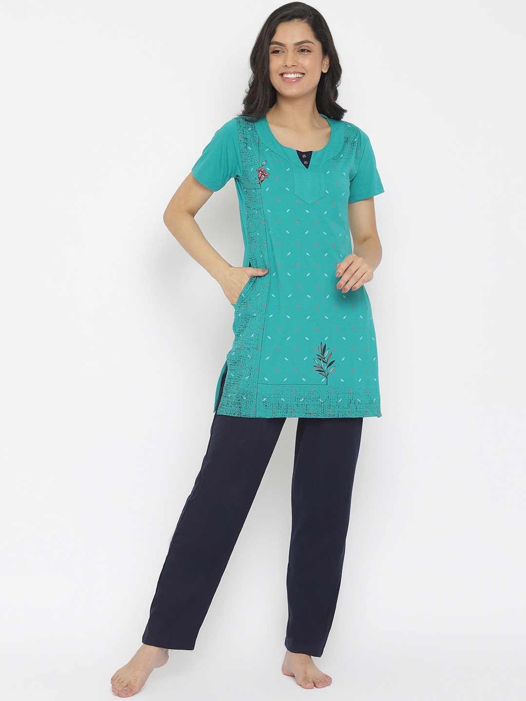 

Duchess Women Sea Green & Navy Blue Printed Plus Size Night suit