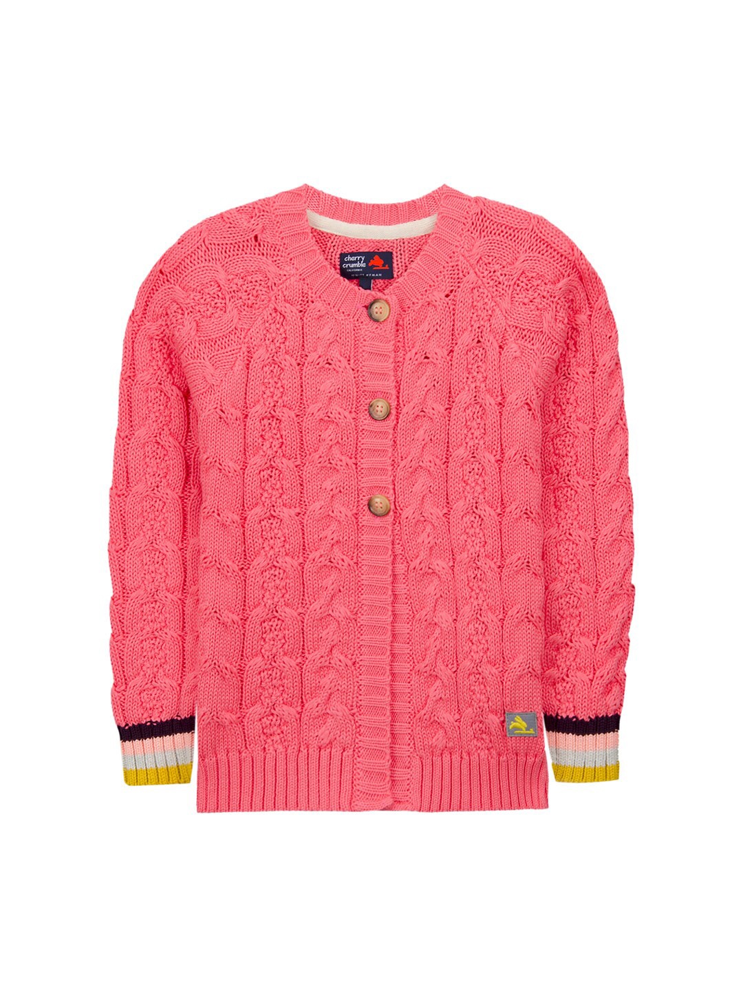 

Cherry Crumble Girls Coral Pink & Yellow Knitted Cardigan