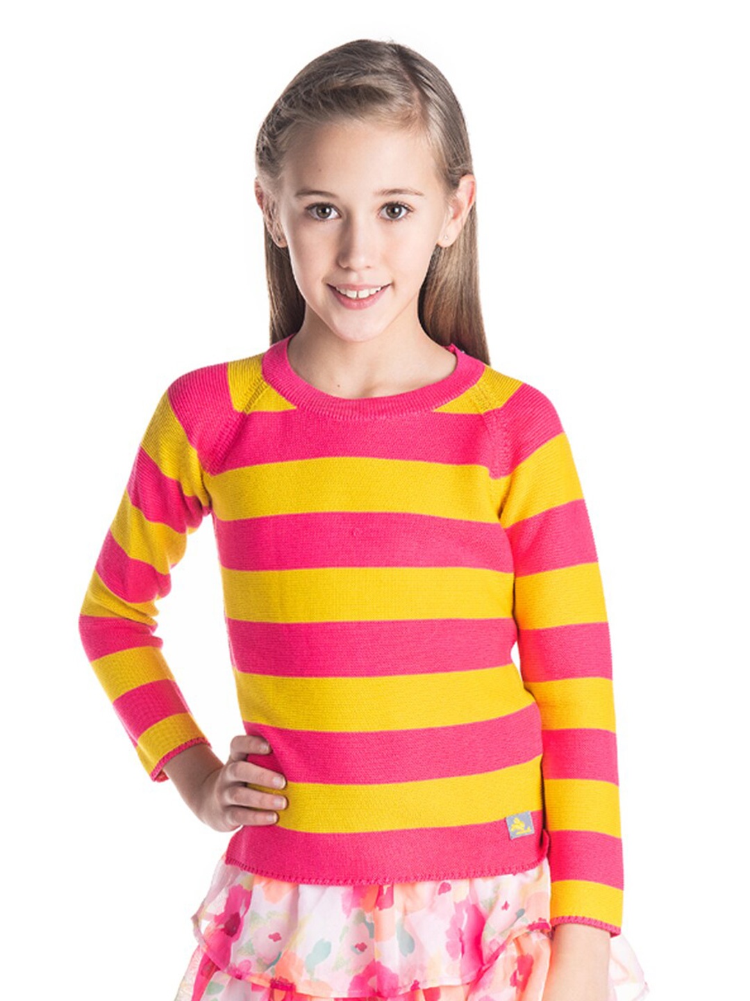 

Cherry Crumble Girls Pink & Mustard Yellow Striped Pullover