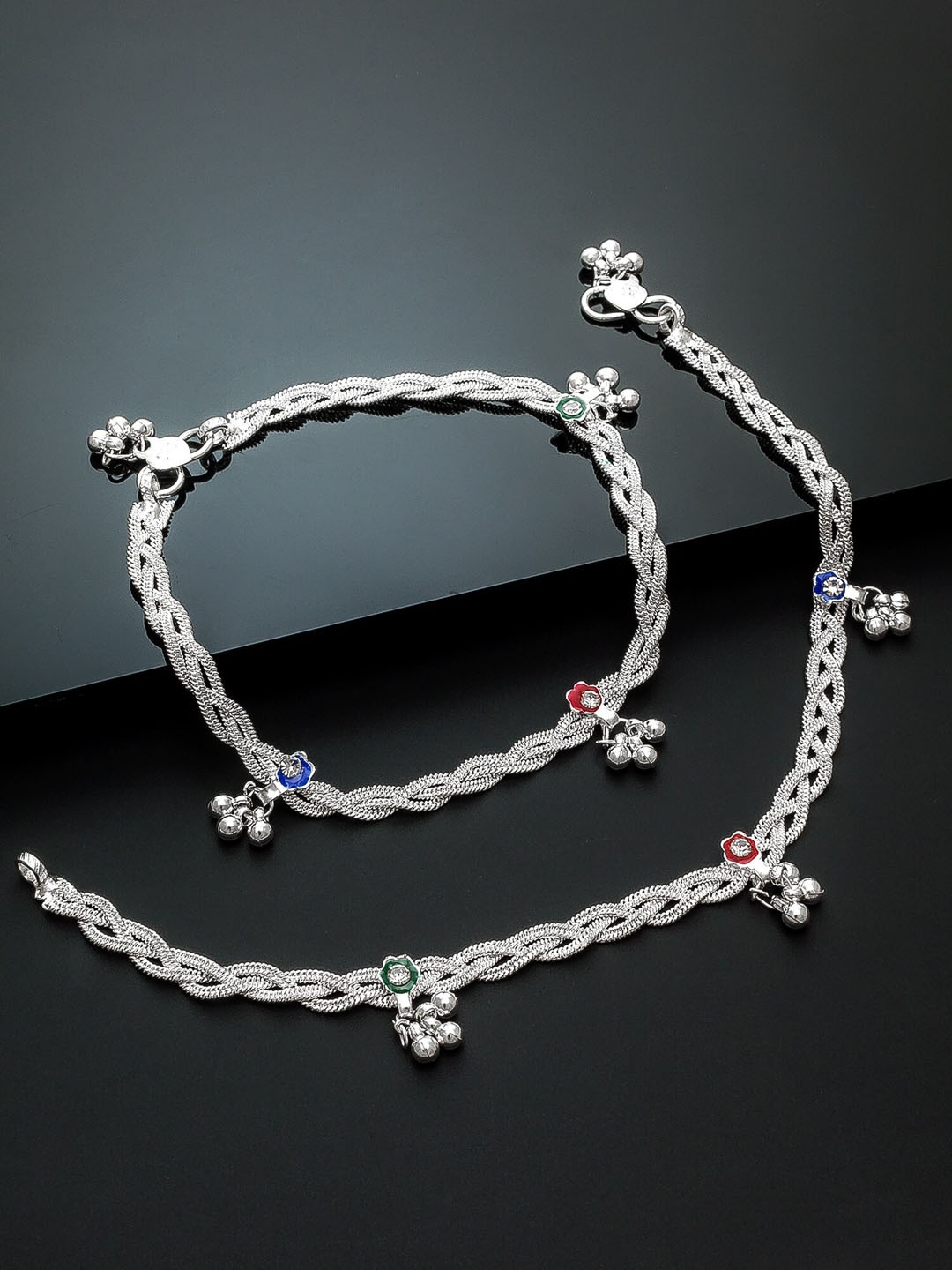 

aadita Set Of 2 Silver-Plated & Green Oxidised Stone-Studded Gunghroo Handcrafted Anklets