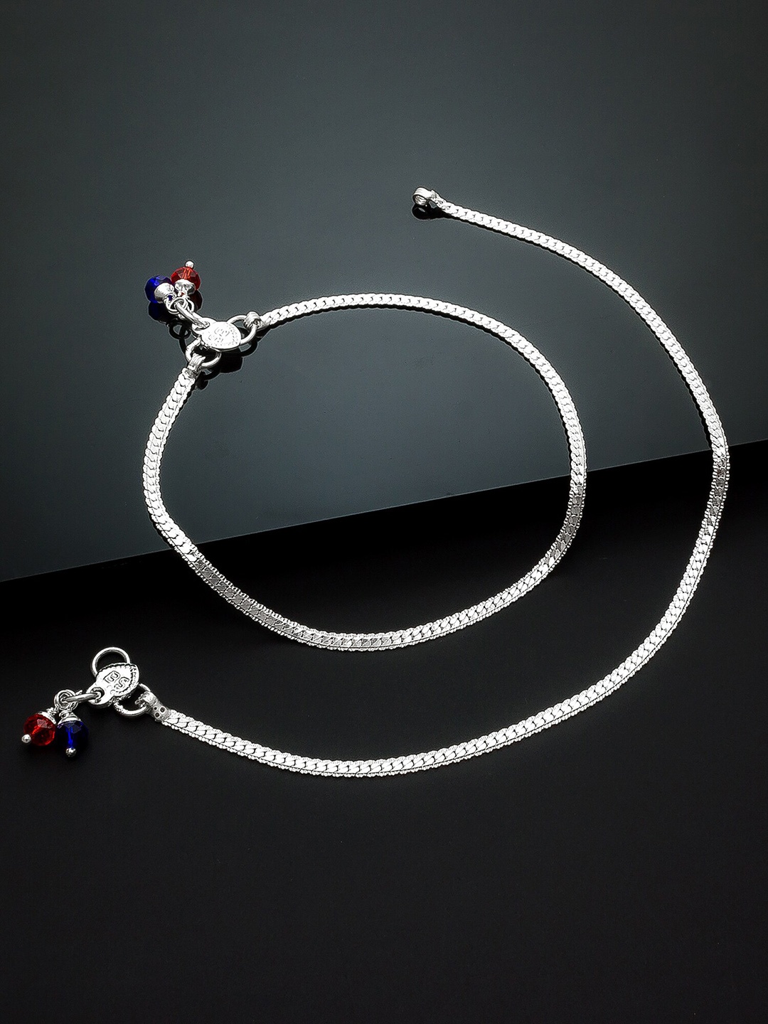 

Aadita Set of 2 Oxidised Silver-Plated Red & Blue Stone-Studded Handcrafted Anklets