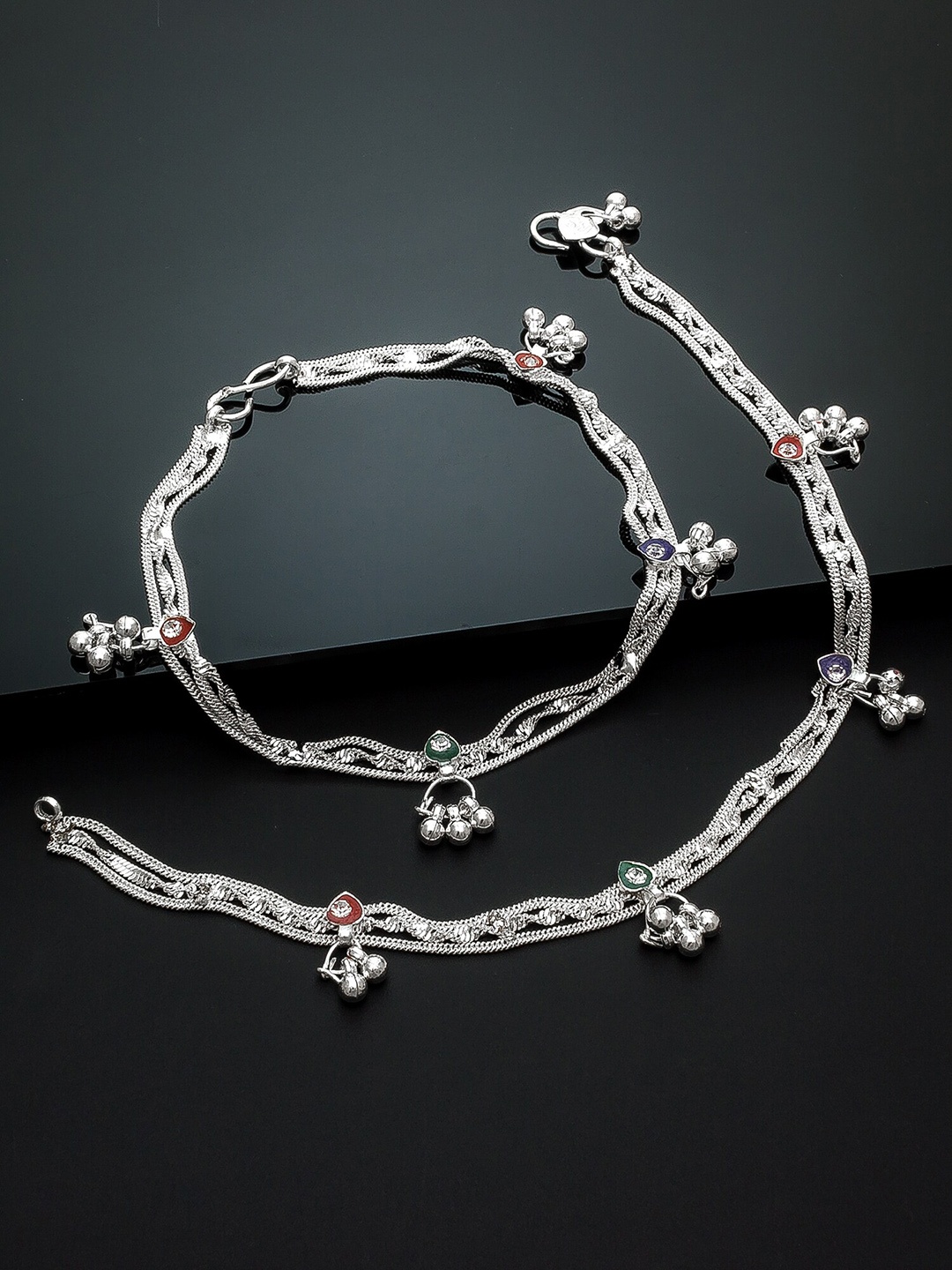 

aadita Set of 2 Oxidised Silver-Plated Red & Green Stone-Studded Gunghroo Handcrafted Anklets