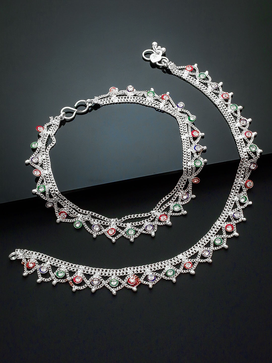 

aadita Set of 2 Oxidised Silver-Plated Red & Green Stone-Studded Handcrafted Anklets