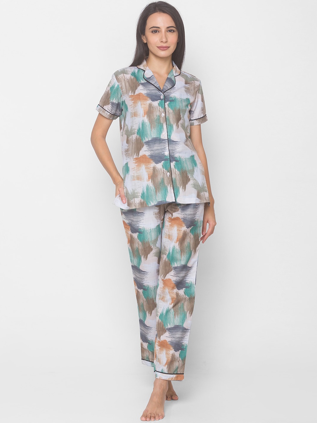 

FashionRack Women Beige & Teal Abstract Printed Night suit