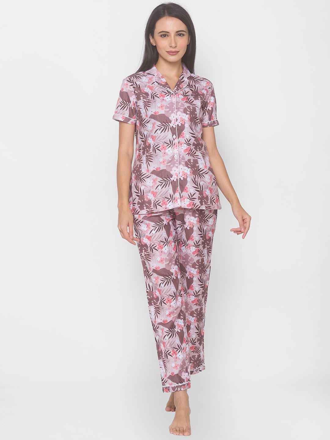 

FashionRack Women Beige & Pink Printed Pure Cotton Night Suit
