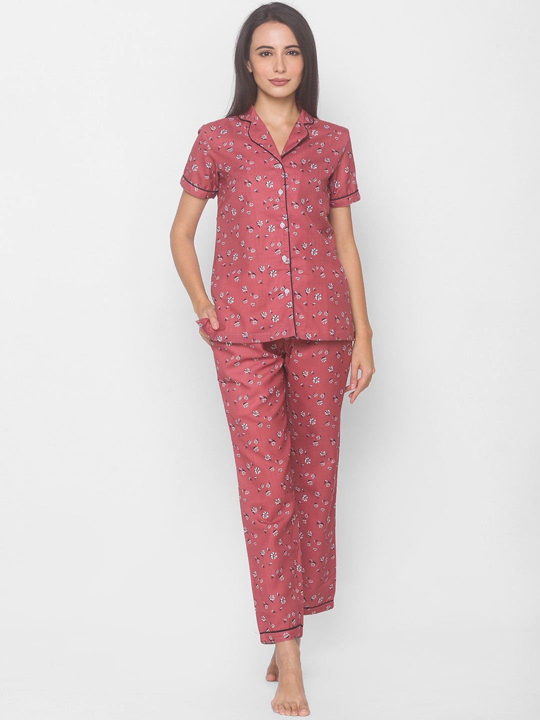 

FashionRack Women Brown & White Floral Printed Pure Cotton Night Suit