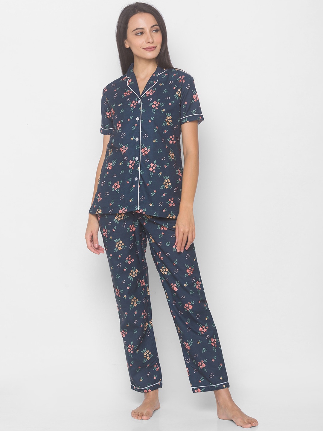 

FashionRack Women Navy Blue & Peach-Coloured Printed Night suit