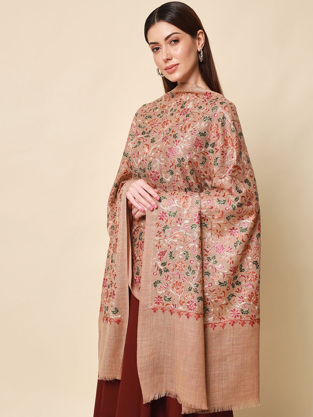 

Pashmoda Women Beige & Red Floral Embroidered Woolen Shawl