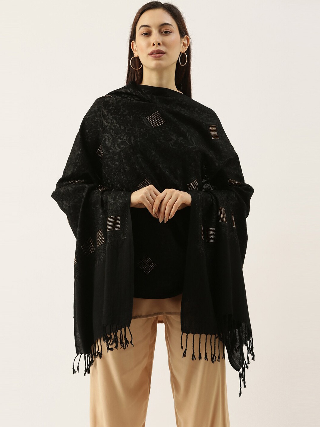 

Pashmoda Women Black & Gold-Coloured Embroidered Woolen Shawl