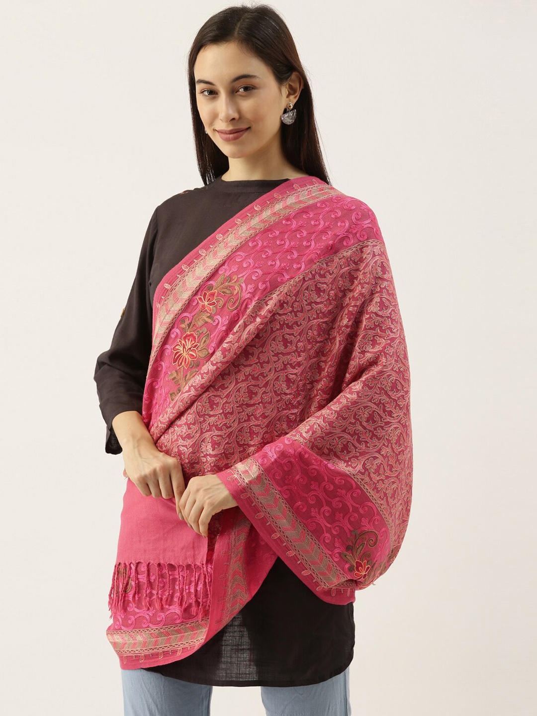 

Pashmoda Women Pink & Beige Embroidered Woolen Shawl