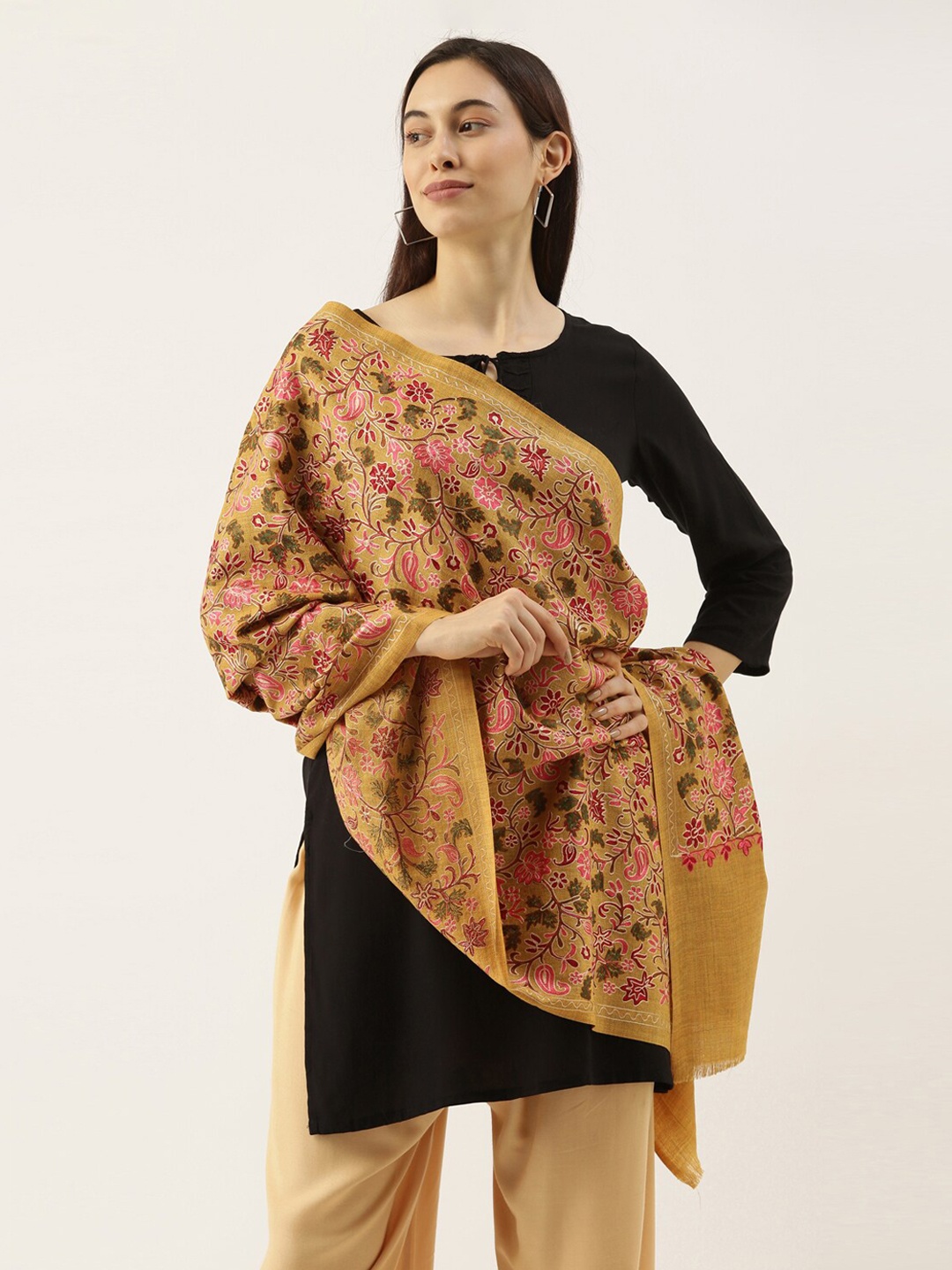 

Pashmoda Women Yellow & Pink Floral Embroidered Pure Wool Shawl
