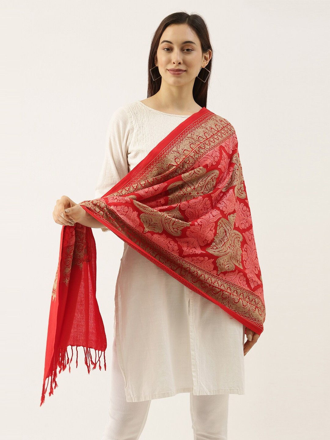 

Pashmoda Women Red & Gold-Colour Aari Embroidered Pure Wool Shawl