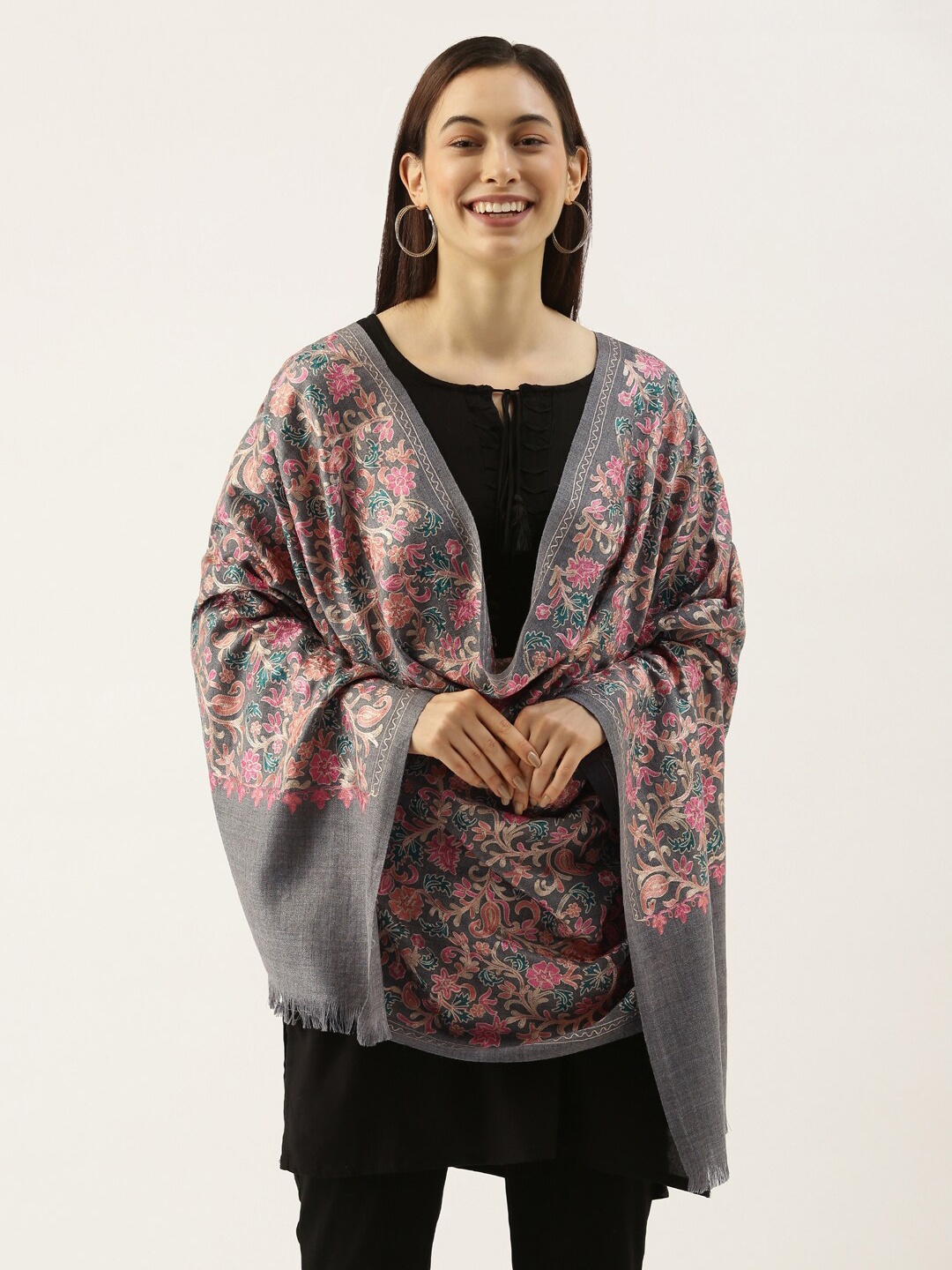 

Pashmoda Women Grey & Pink Embroidered Pure Wool Shawl