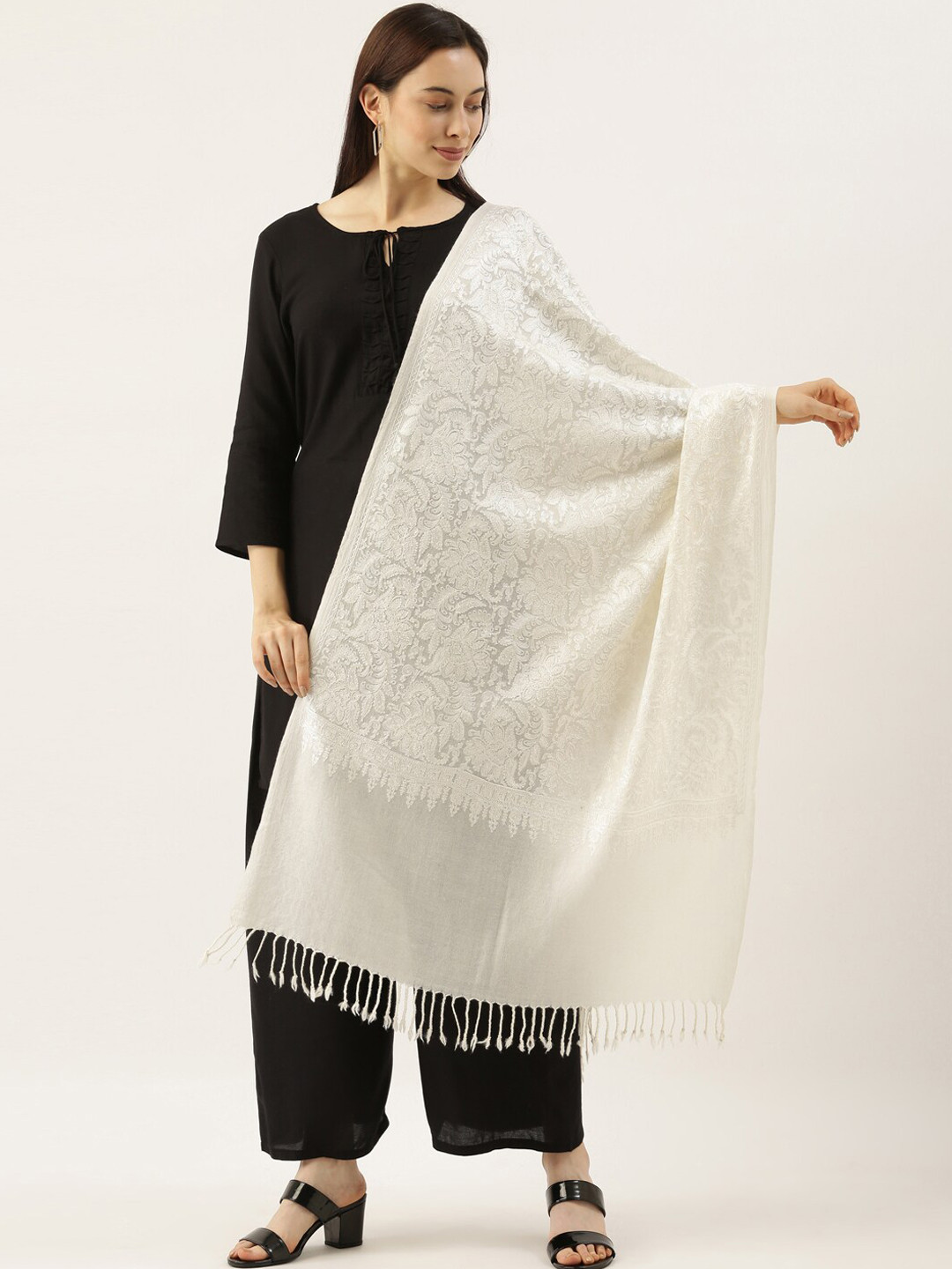 

Pashmoda Women White Embroidered Pure Wool Shawl