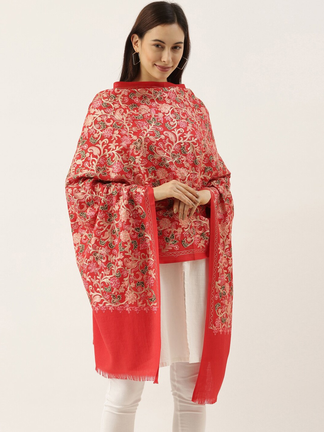 

Pashmoda Women Red & Pink Nalki Embroidered Pure Woolen Shawl