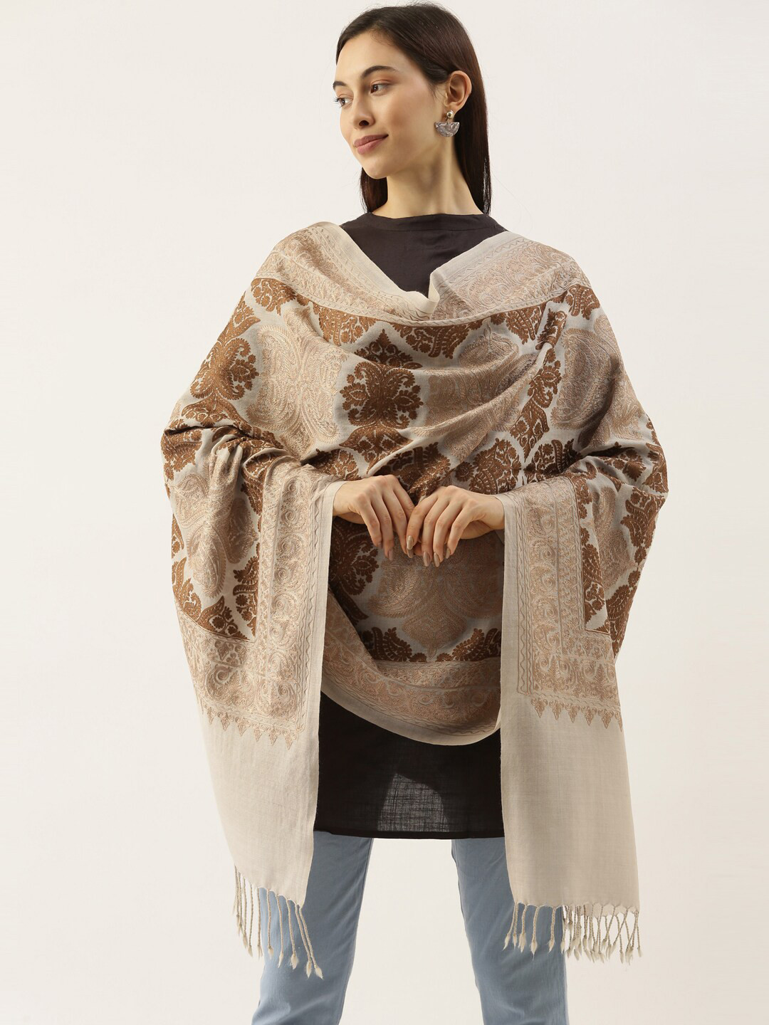 

Pashmoda Women Beige & Brown Embroidered Woollen Shawl