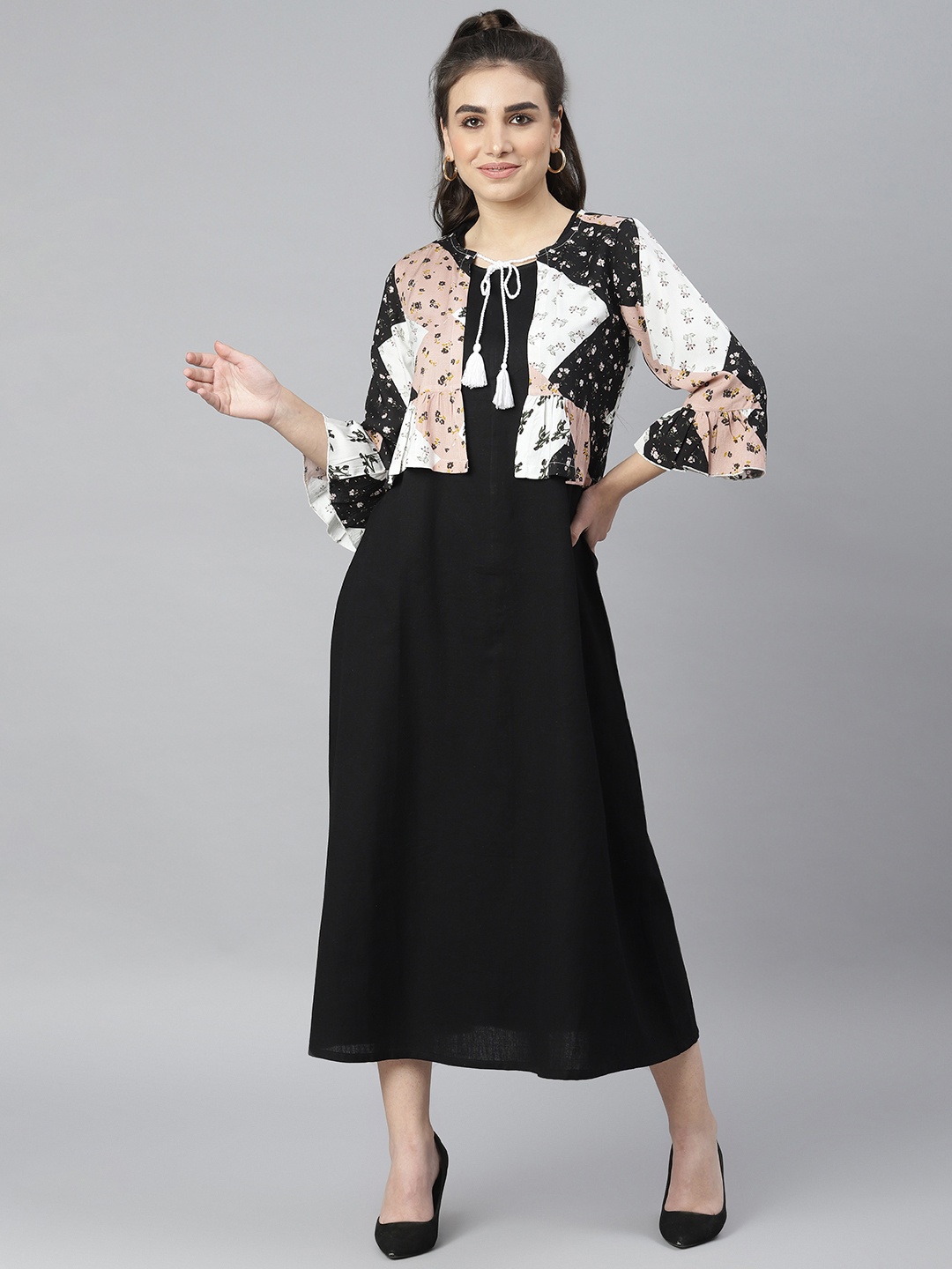 

DEEBACO Black & White Floral Tie-Up Neck Midi Dress With Floral Shrug
