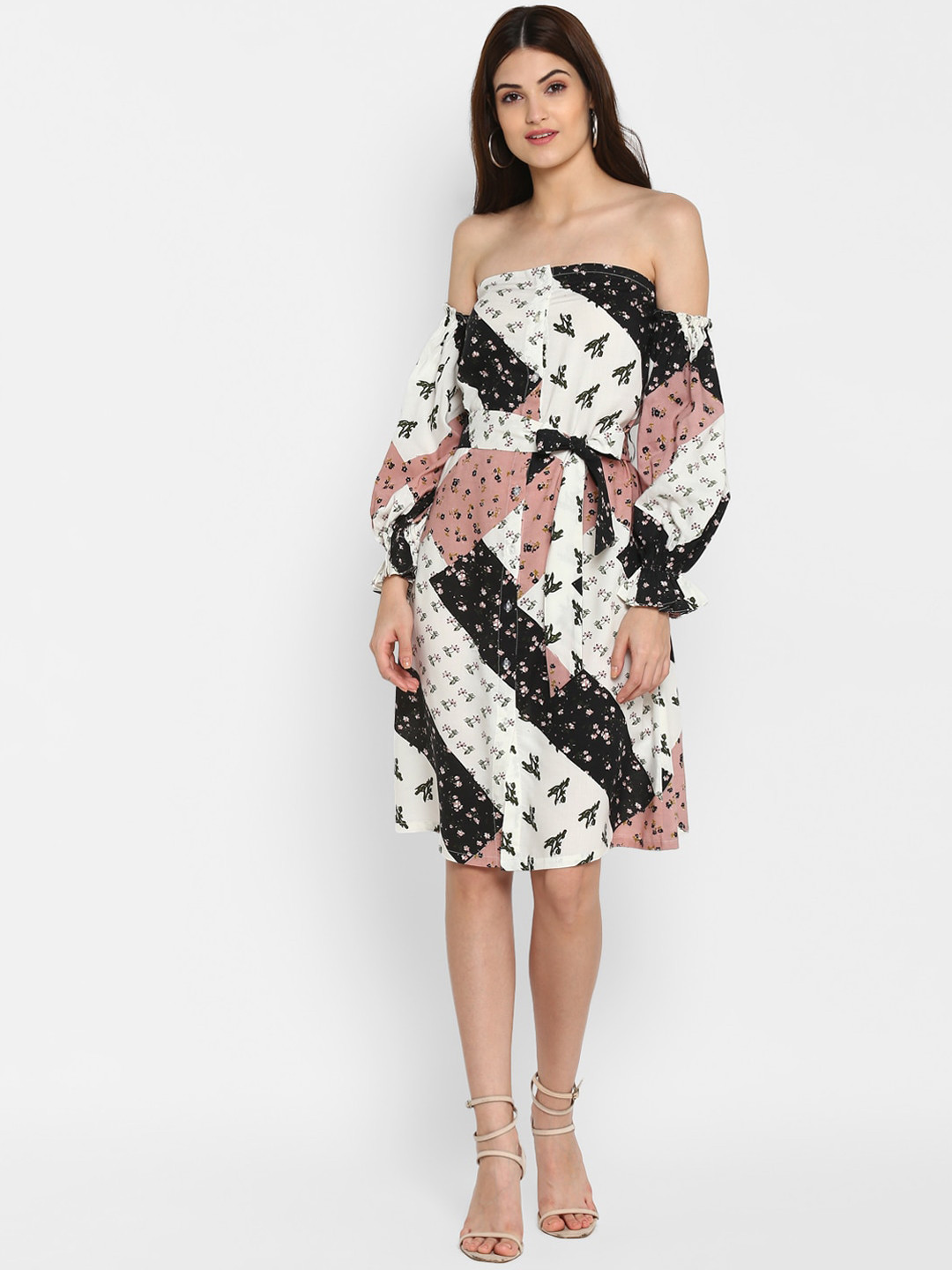 

DEEBACO Black & White Floral Off-Shoulder Dress