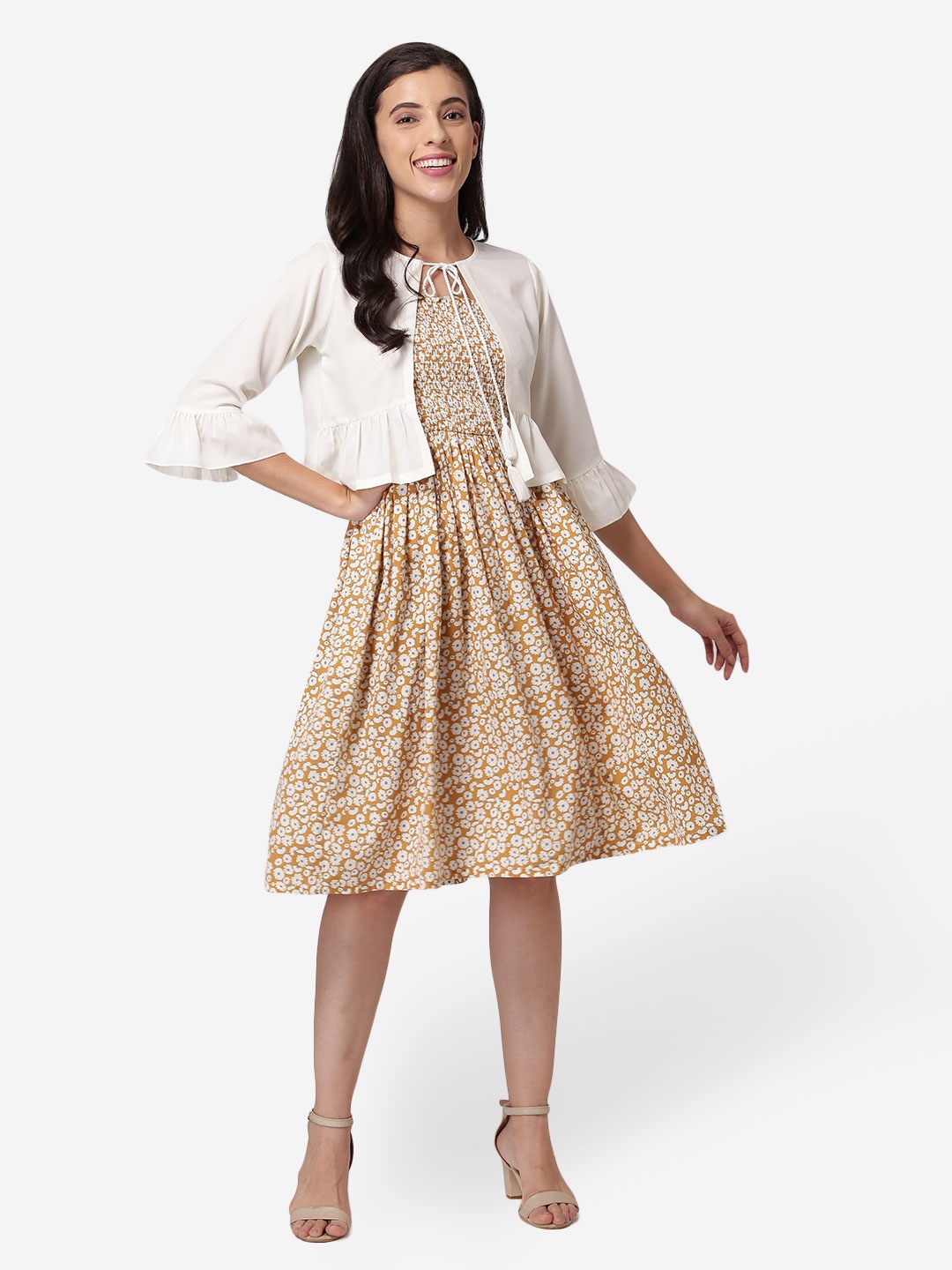 

DEEBACO Yellow Floral Printed Dress with Shrug