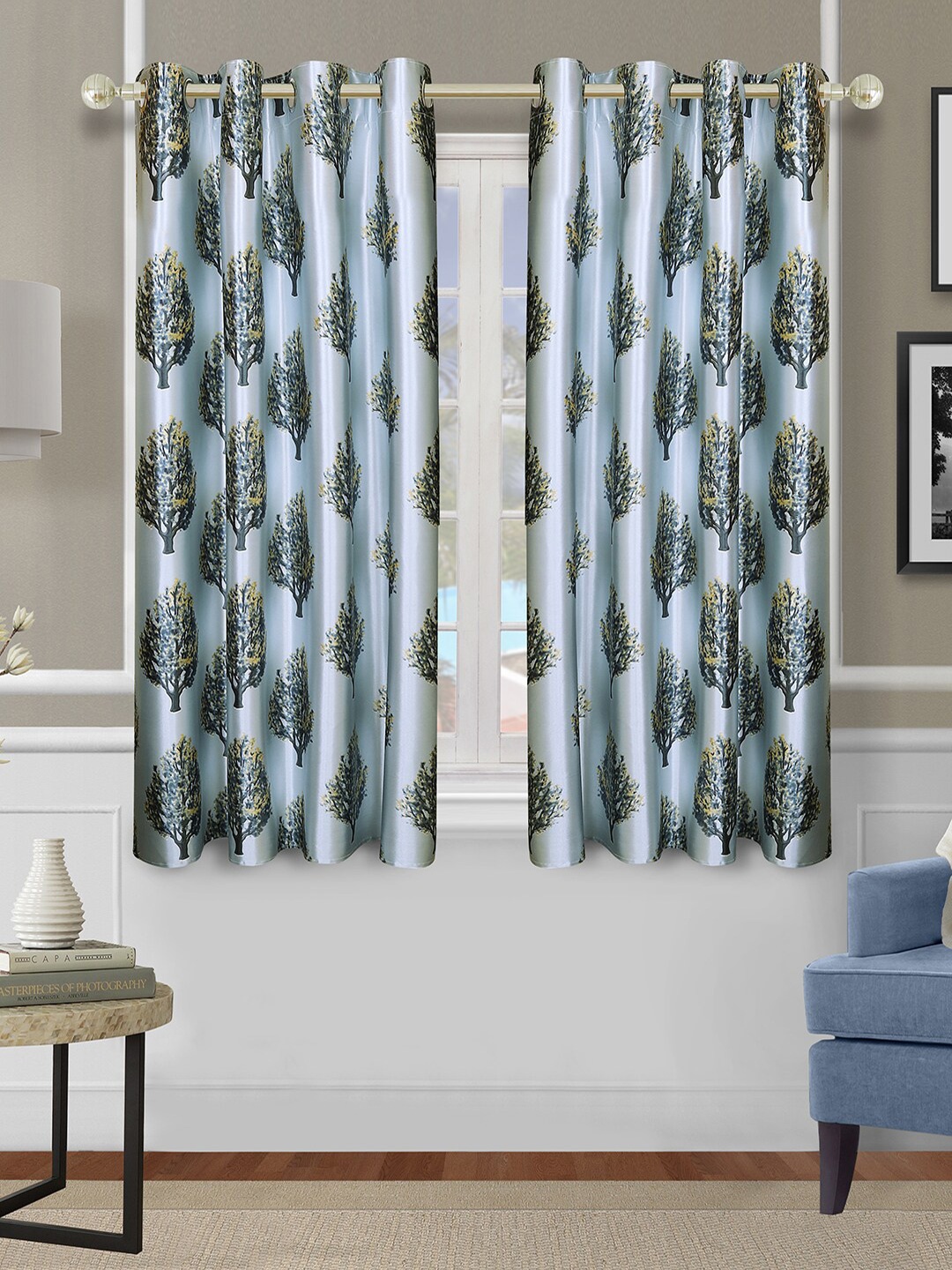

ROMEE Set Of 2 Blue & Black Tree Printed Room Darkening Window Curtain