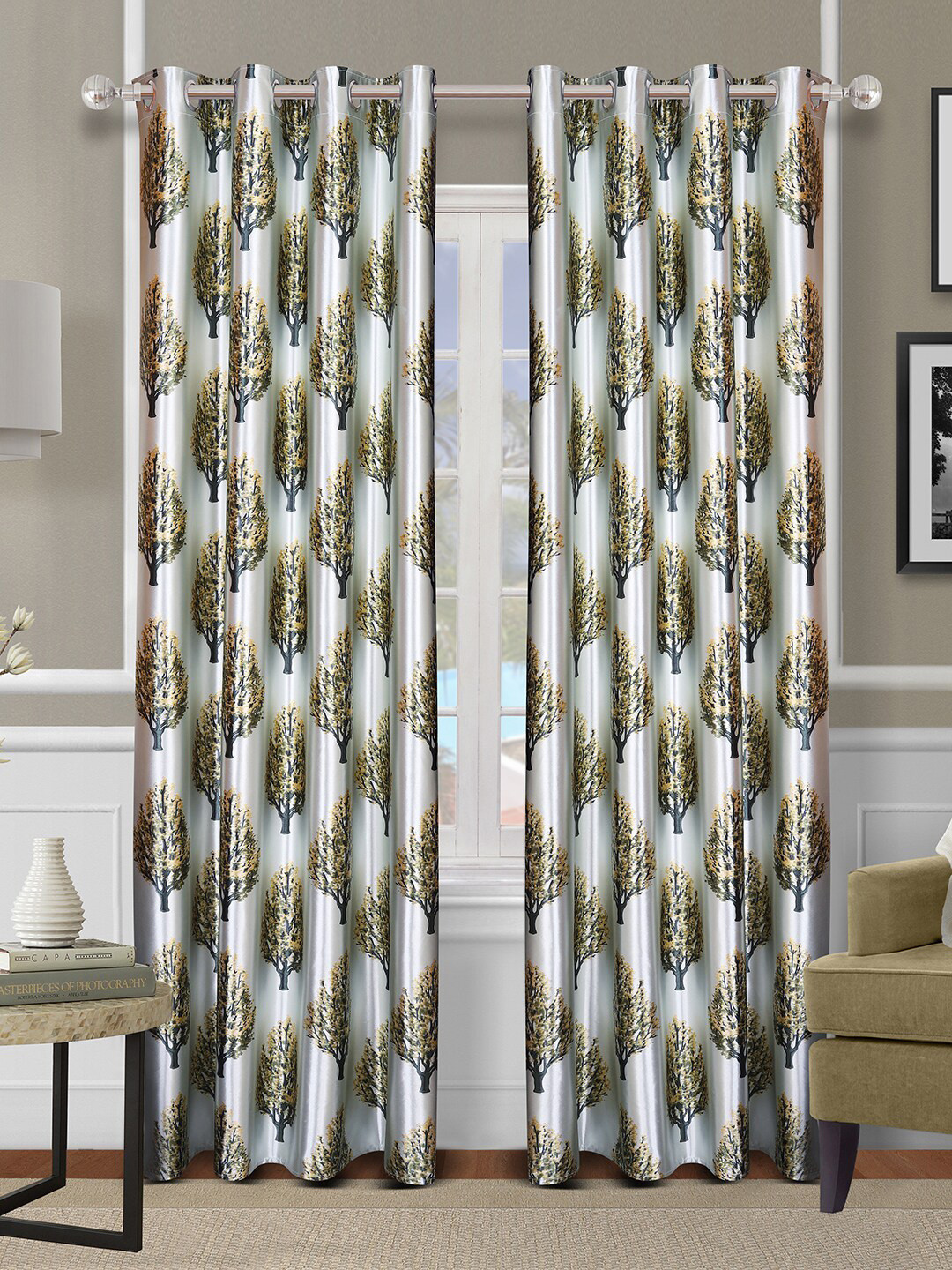 

ROMEE Green & Off White Tree Printed 7 feet Set of 2 Room Darkening Door Curtain