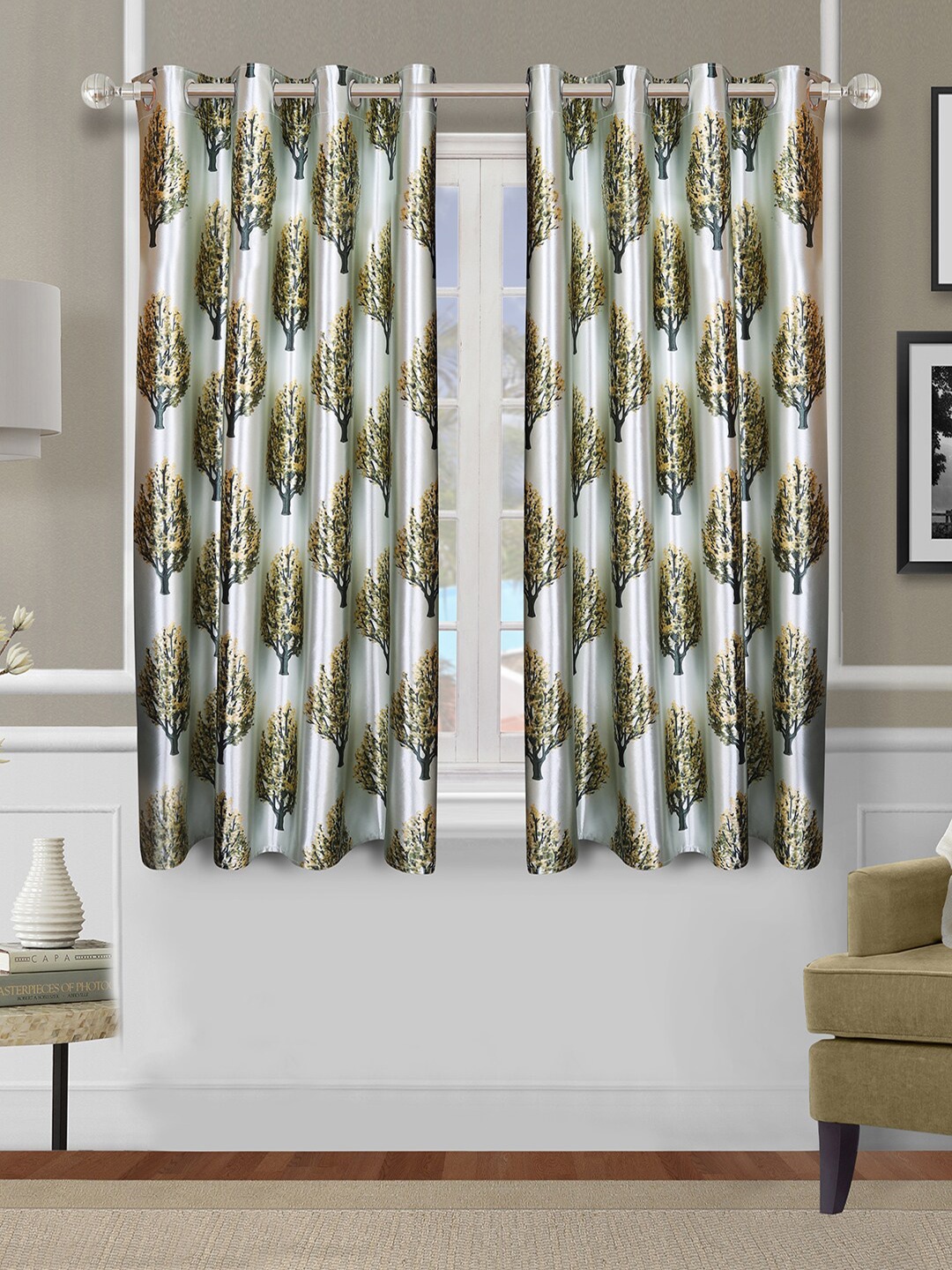 

ROMEE White & Green Set of 2 Floral Room Darkening Window Curtain